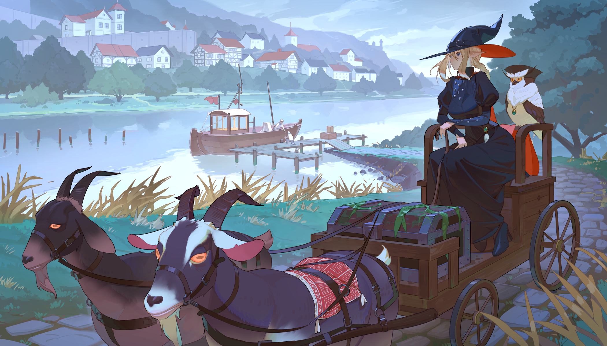 Goats Owl Witch Carriage Pointy Ears Blonde Witch Hat Anime Girls Animals Boat Water 2100x1198