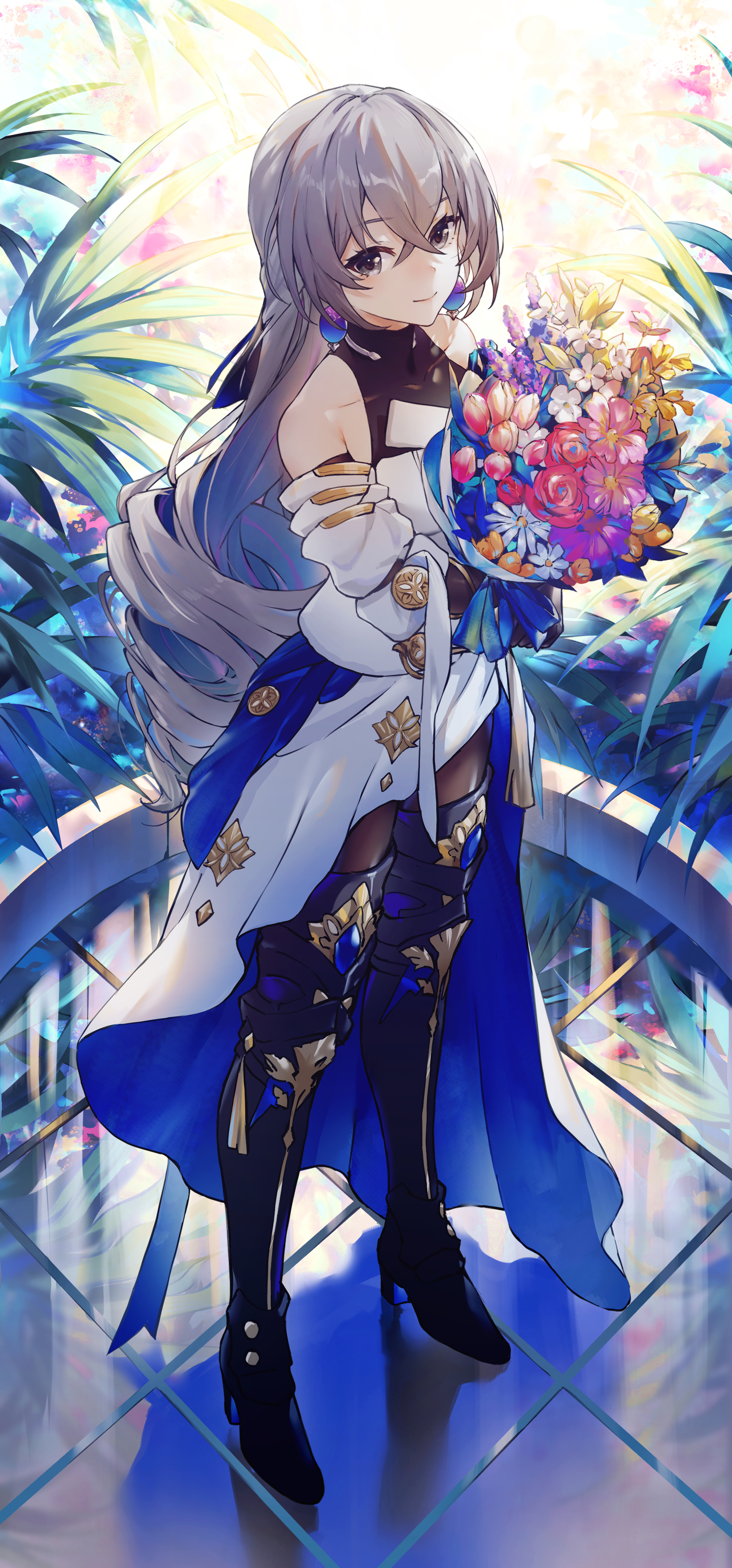 Honkai Star Rail Bronya Rand Anime Girls Portrait Display Standing Flowers Heels Reflection Leaves L 1916x4106