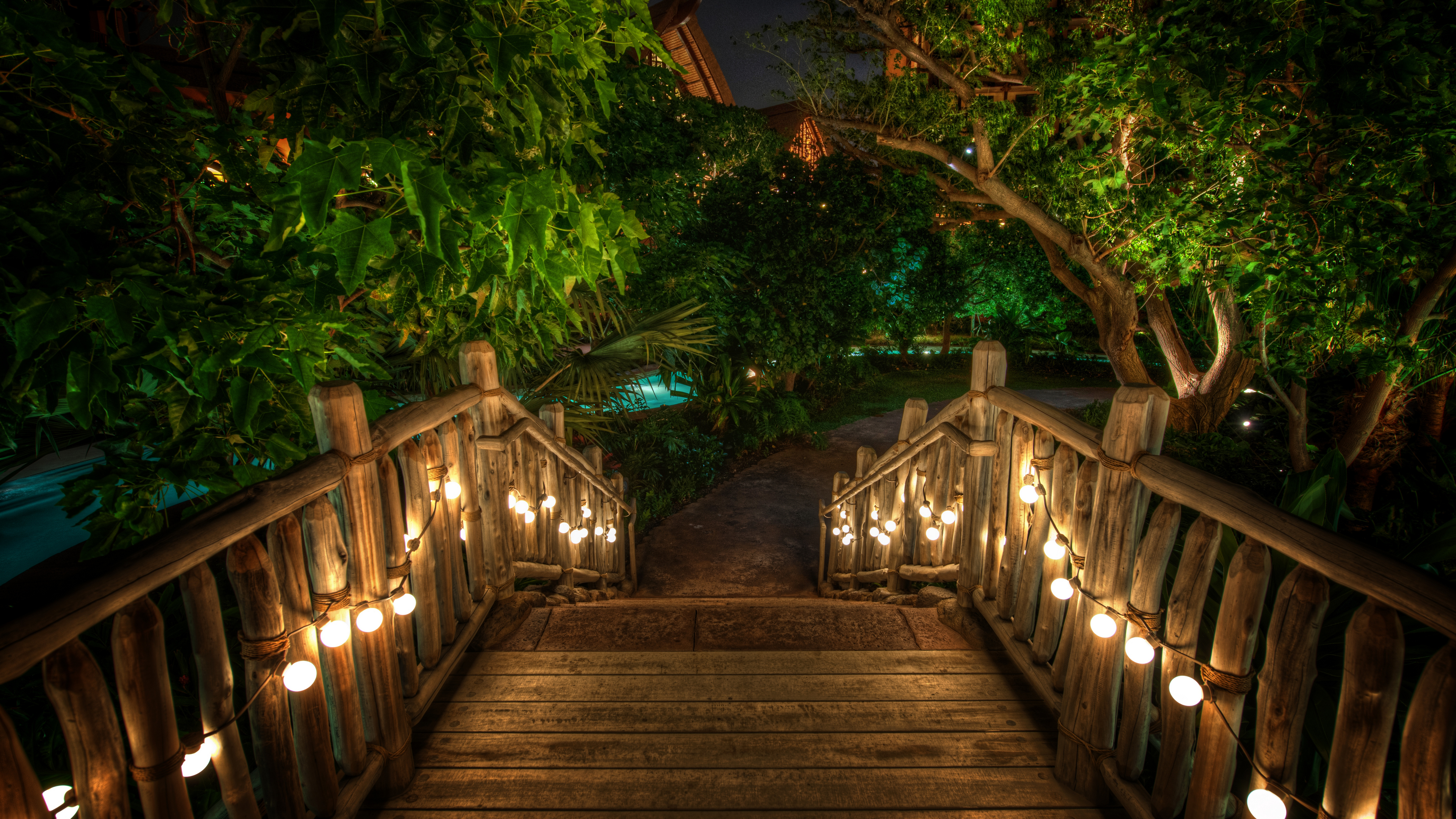Trey Ratcliff Photography Landscape Path Resort Night Lights Garden Trees Bridge Hawaii Oahu 3840x2160