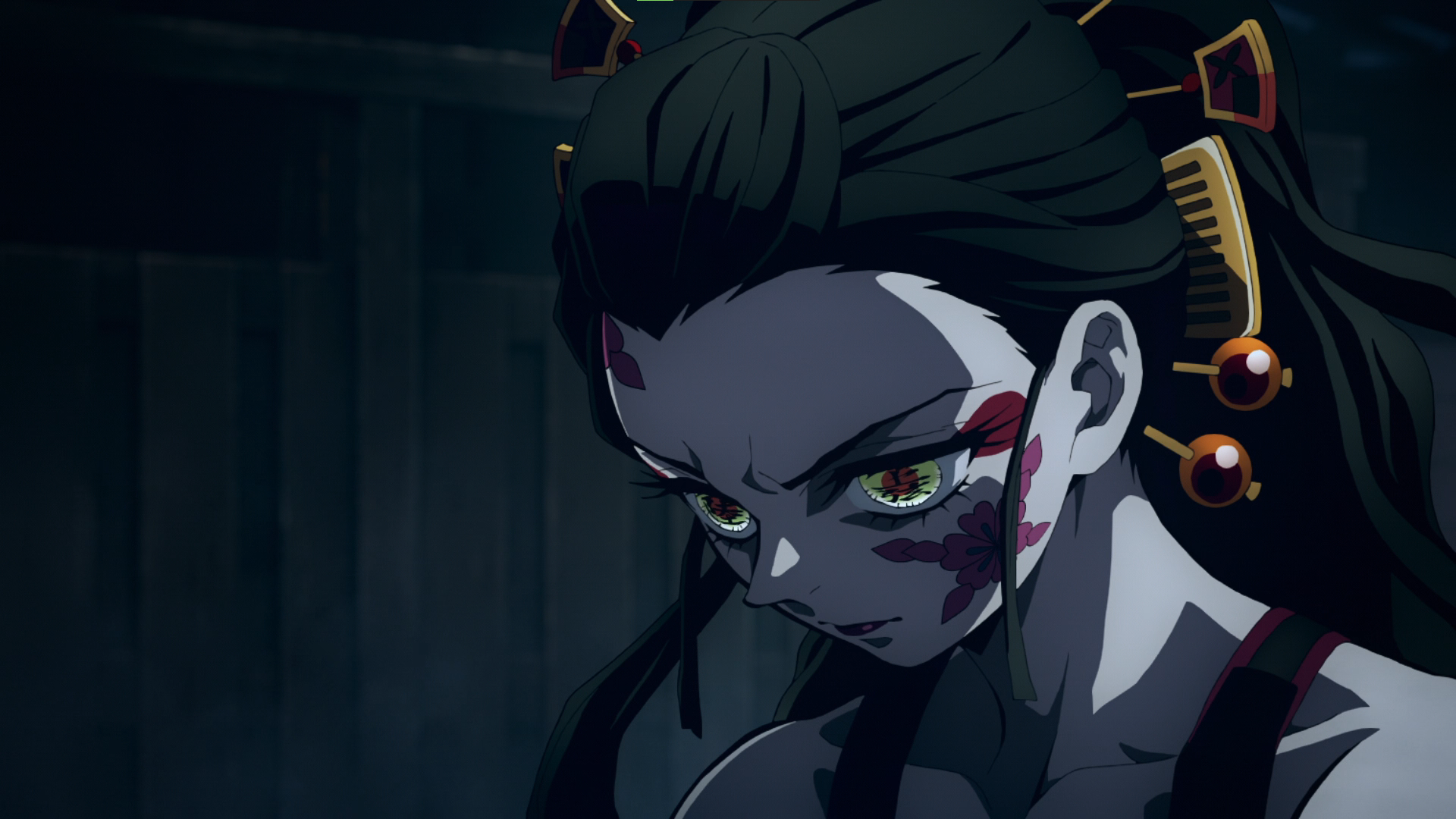 Kimetsu No Yaiba Daki Anime Anime Screenshot Anime Girls Demon Demon Face Hairpin Makeup Sad Night 1920x1080