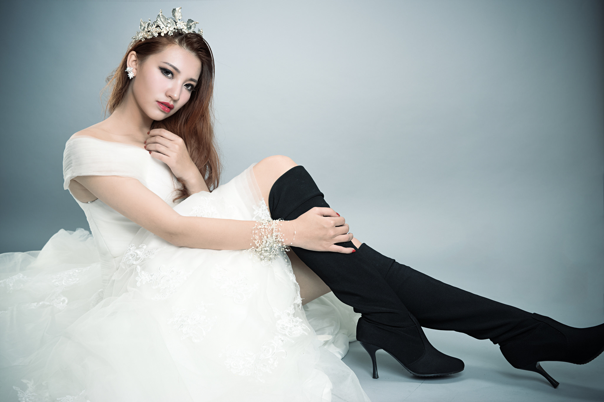 Model Women Red Lipstick White Dress Black Socks Sitting Crown Studio High Heeled Boots Asian Heels 2048x1365