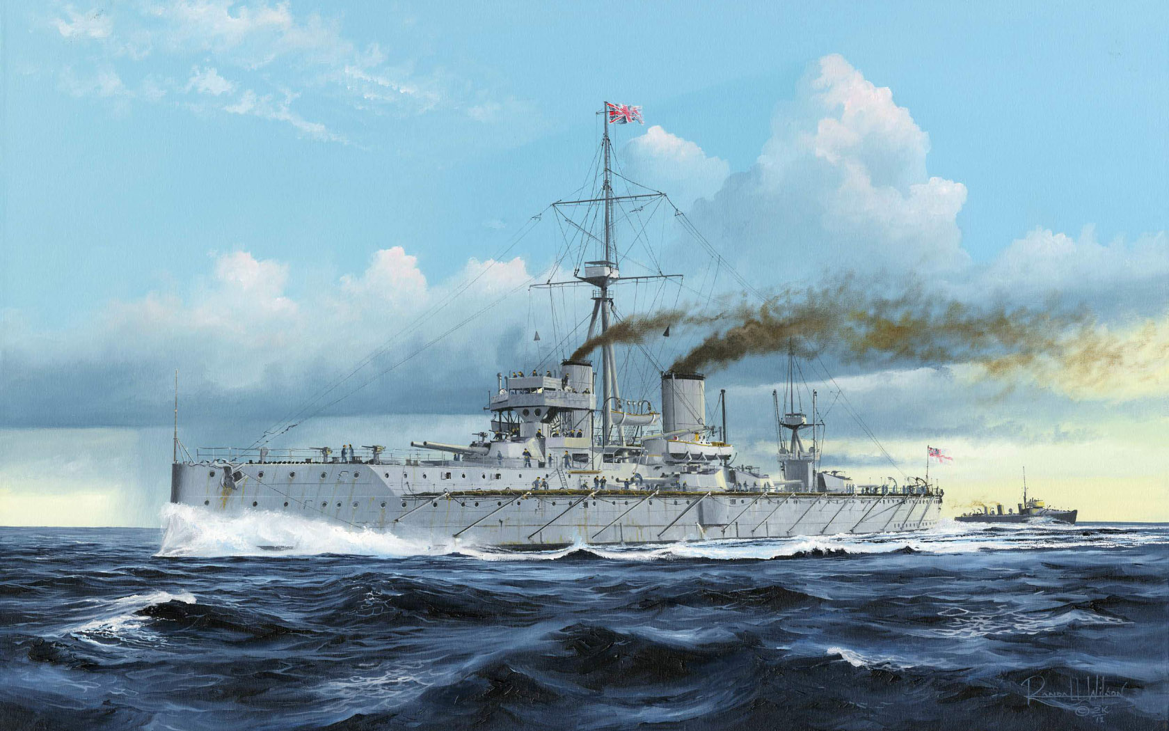 War Warship Sea Army Military Dreadnought Water Military Vehicle Sky Clouds Waves Smoke Artwork 1680x1050
