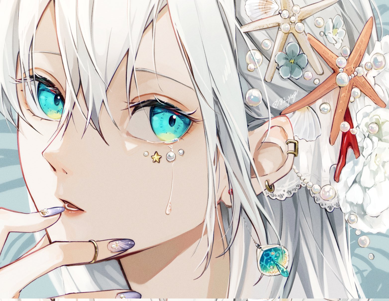 Anime Girls White Hair Blue Eyes Starfish Tears Looking At Viewer Long Hair Earring Crying Flower In 1564x1210