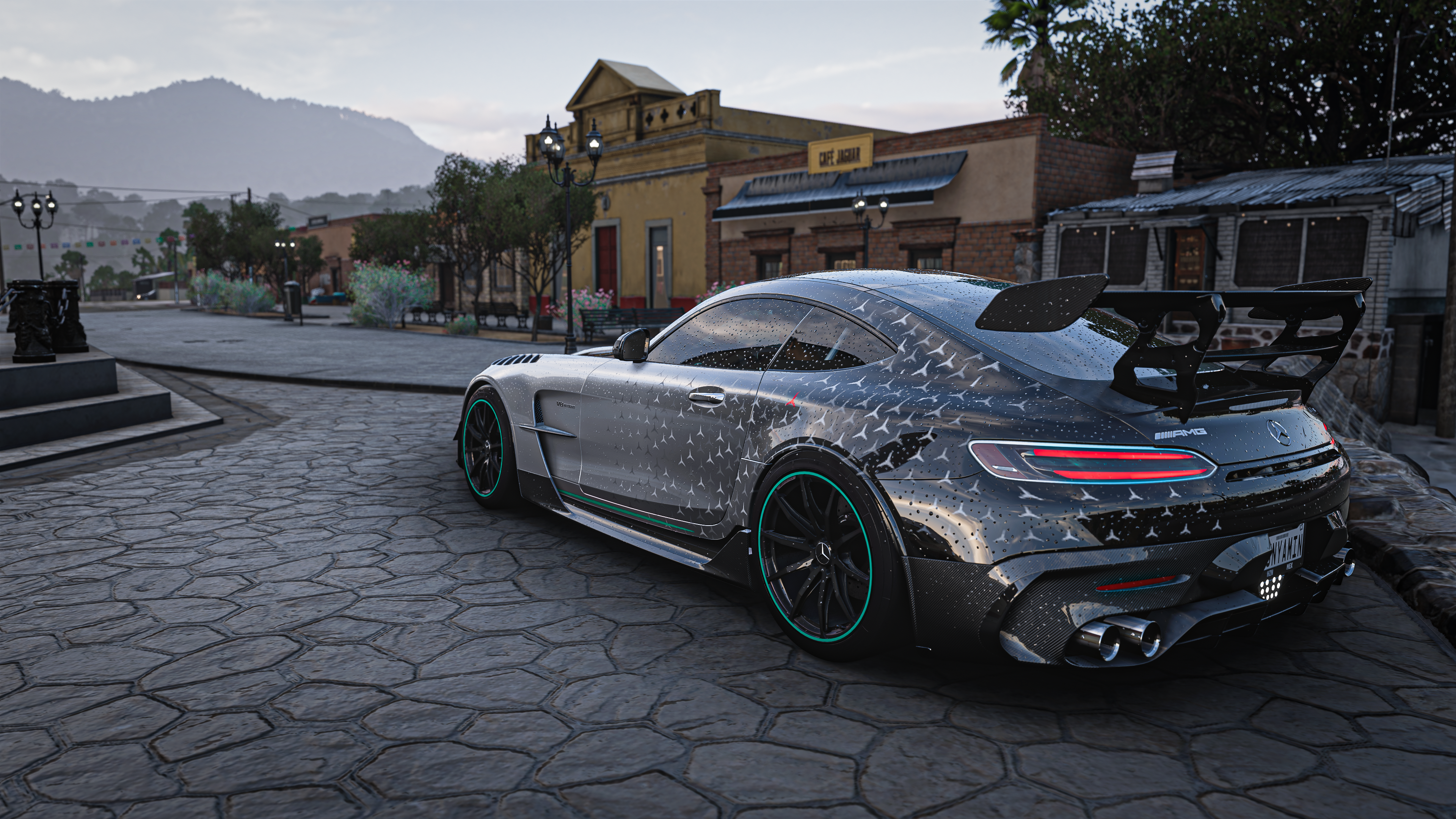 Mercedes AMG GT Forza Horizon 5 Forza Forza Horizon Video Games Car Vehicle CGi Reflection Sky Rain  3840x2160