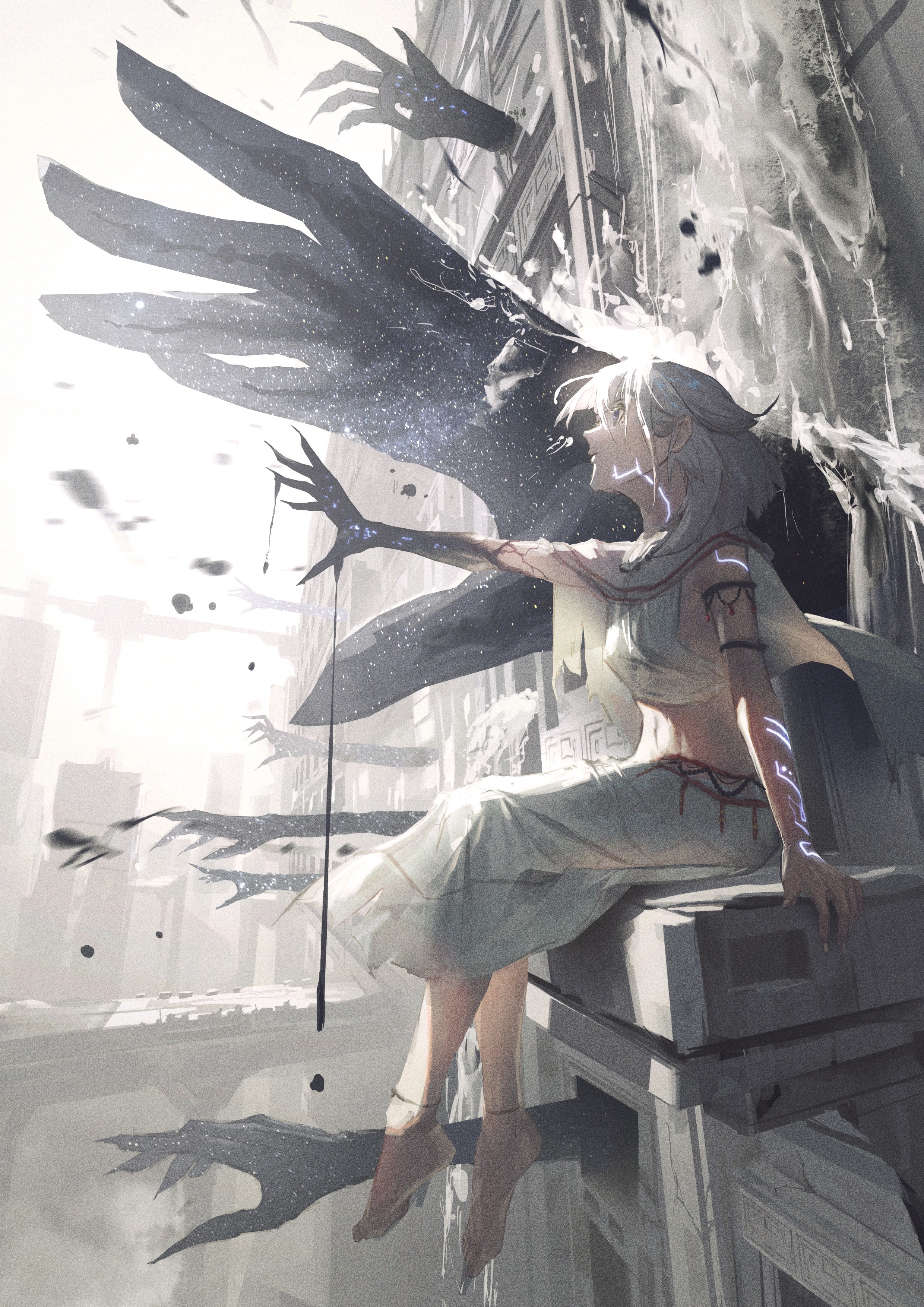 Anime Anime Girls Portrait Display Sitting Arms Reaching Short Hair Looking Away Hands White Hair Bl 2480x3508