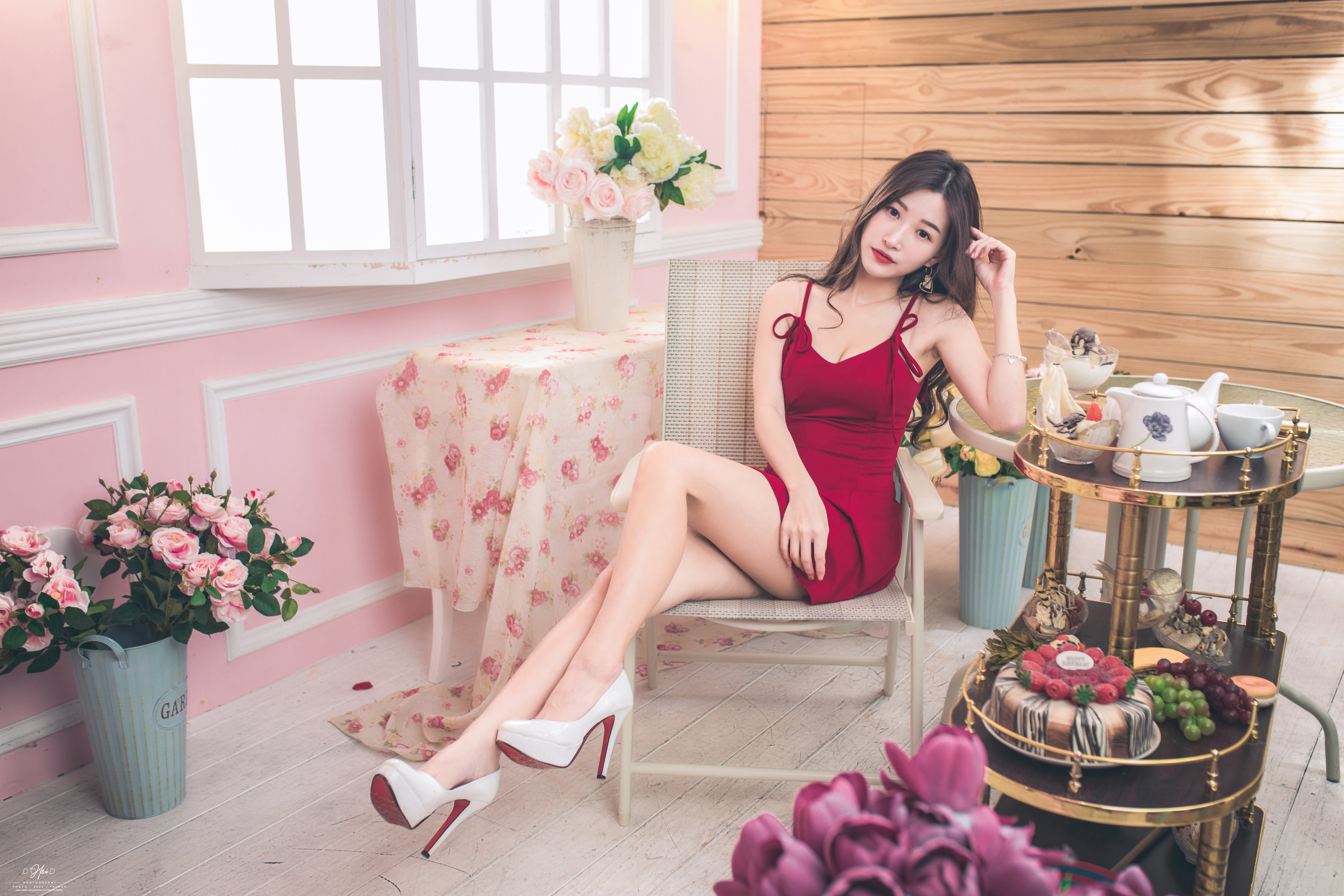 David Hsu Women Asian Brunette Long Hair Dress Red Clothing Legs Pink Flowers Indoors High Heels Hee 3072x2048