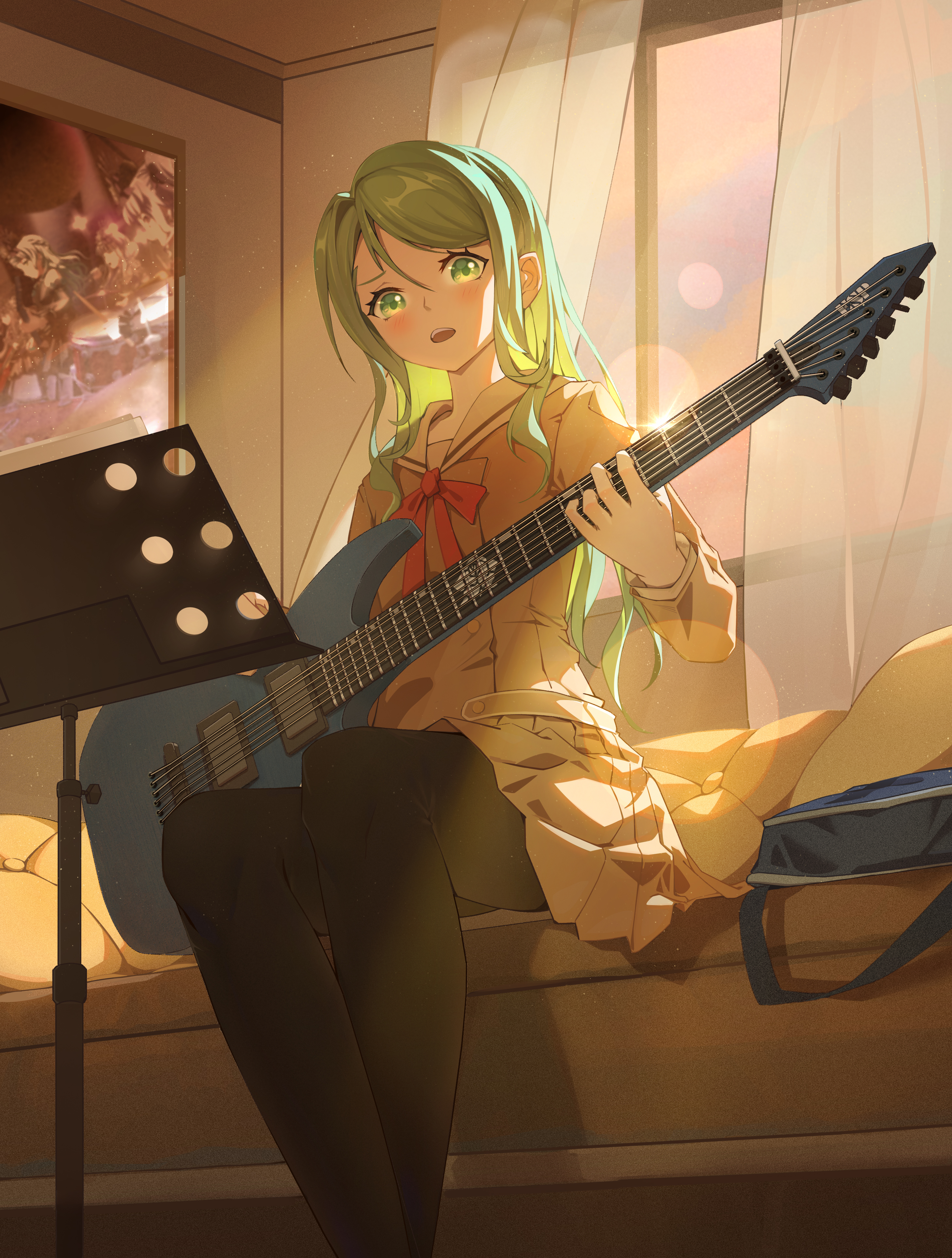 Anime Anime Girls BanG Dream Hikawa Sayo Long Hair Green Hair Artwork Digital Art Fan Art Guitar Mus 2913x3847