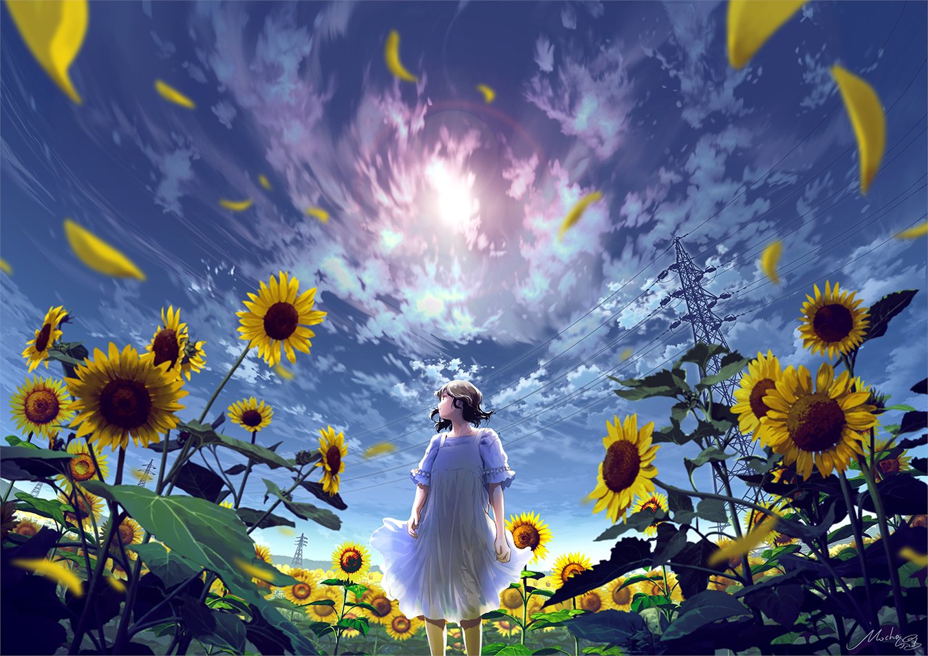 Mocha Anime Girls Low Angle White Dress Looking Away Dress Looking At The Side Sky Sunflowers Black  1349x954