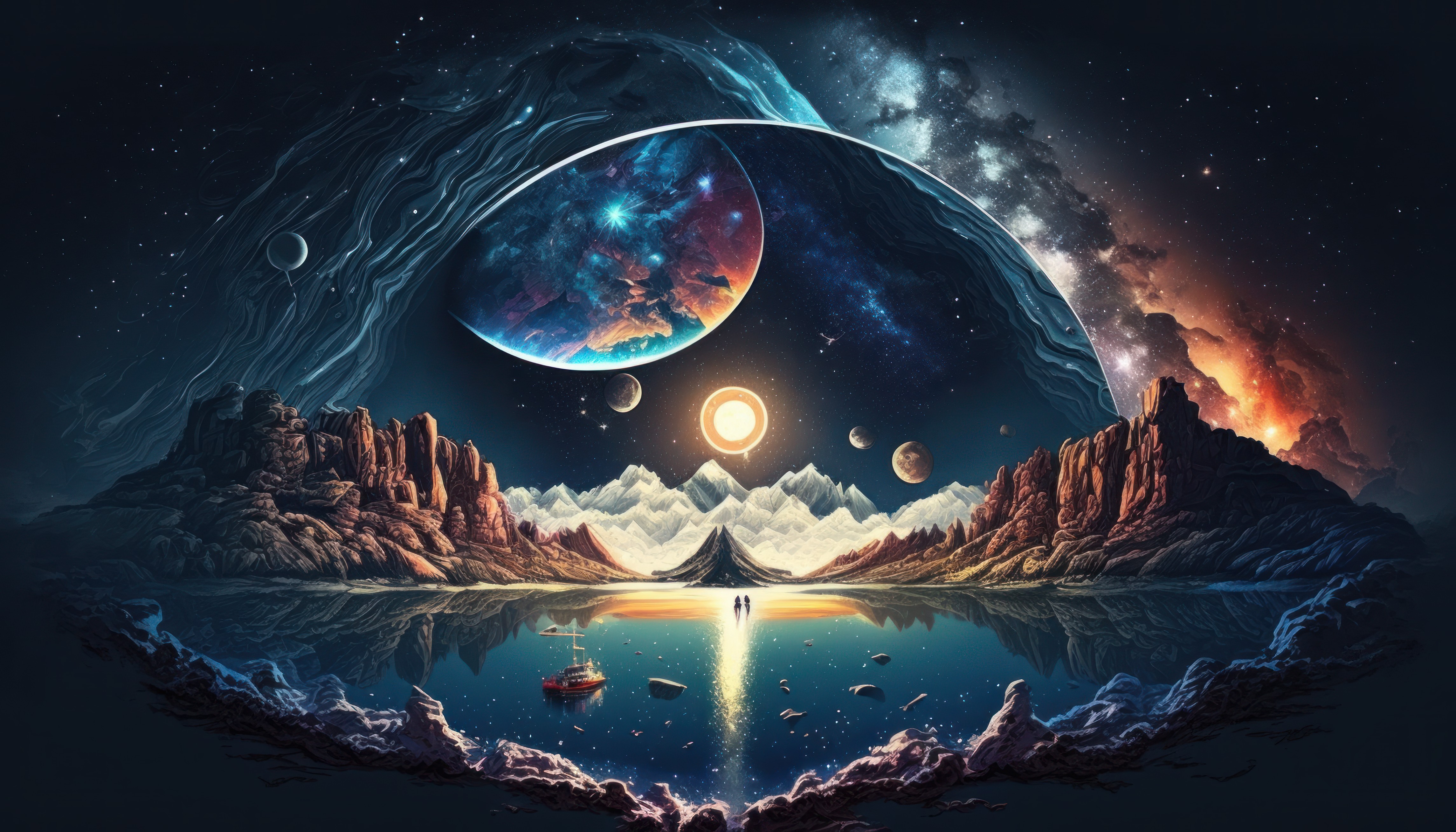 Ai Art Illustration Planet Space Water Reflection Boat Stars 4579x2616