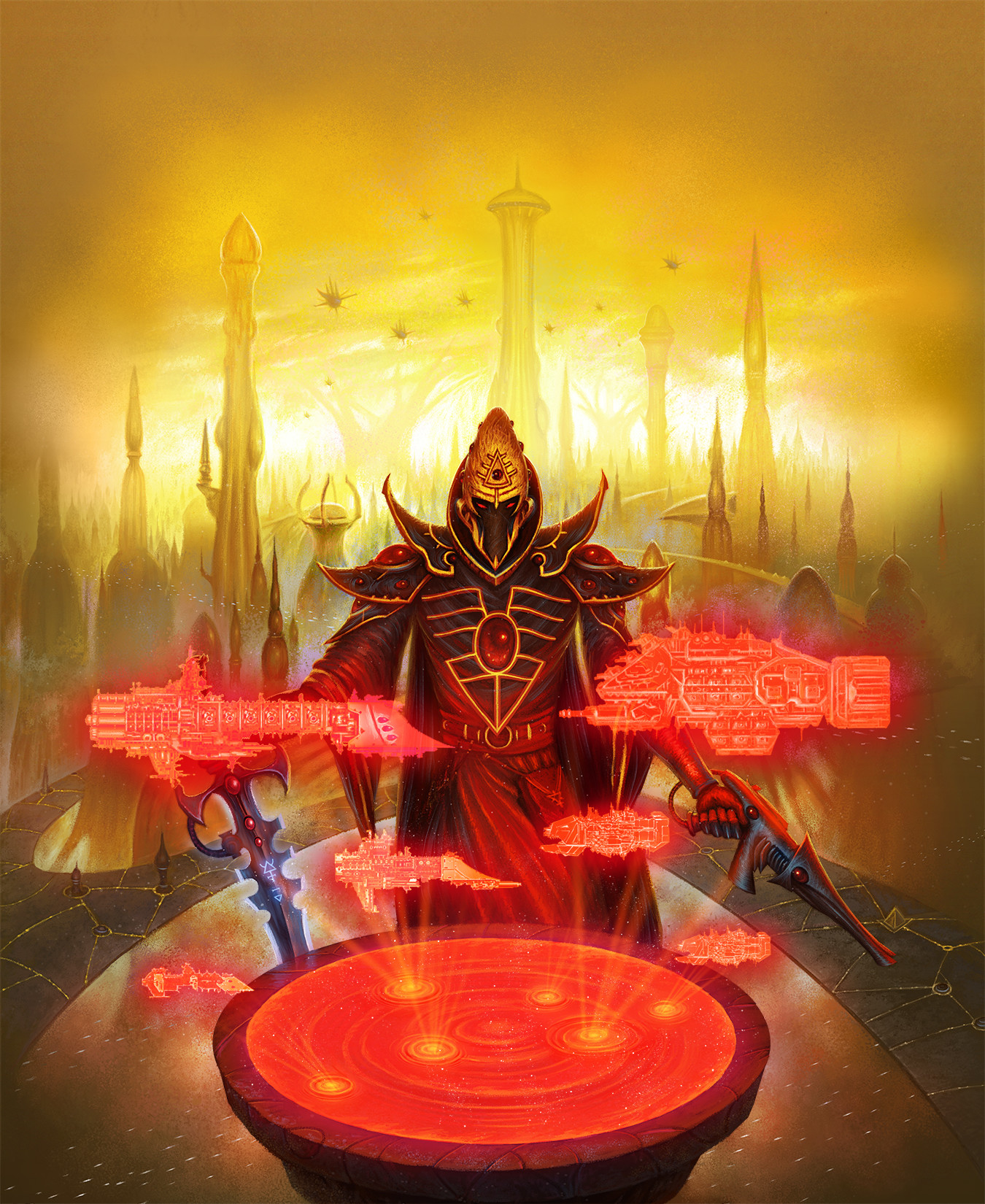 Science Fiction Warhammer 40 000 Warhammer Elves Eldari Eldar Red Yellow City Gold Black Sword Gun V 1350x1650