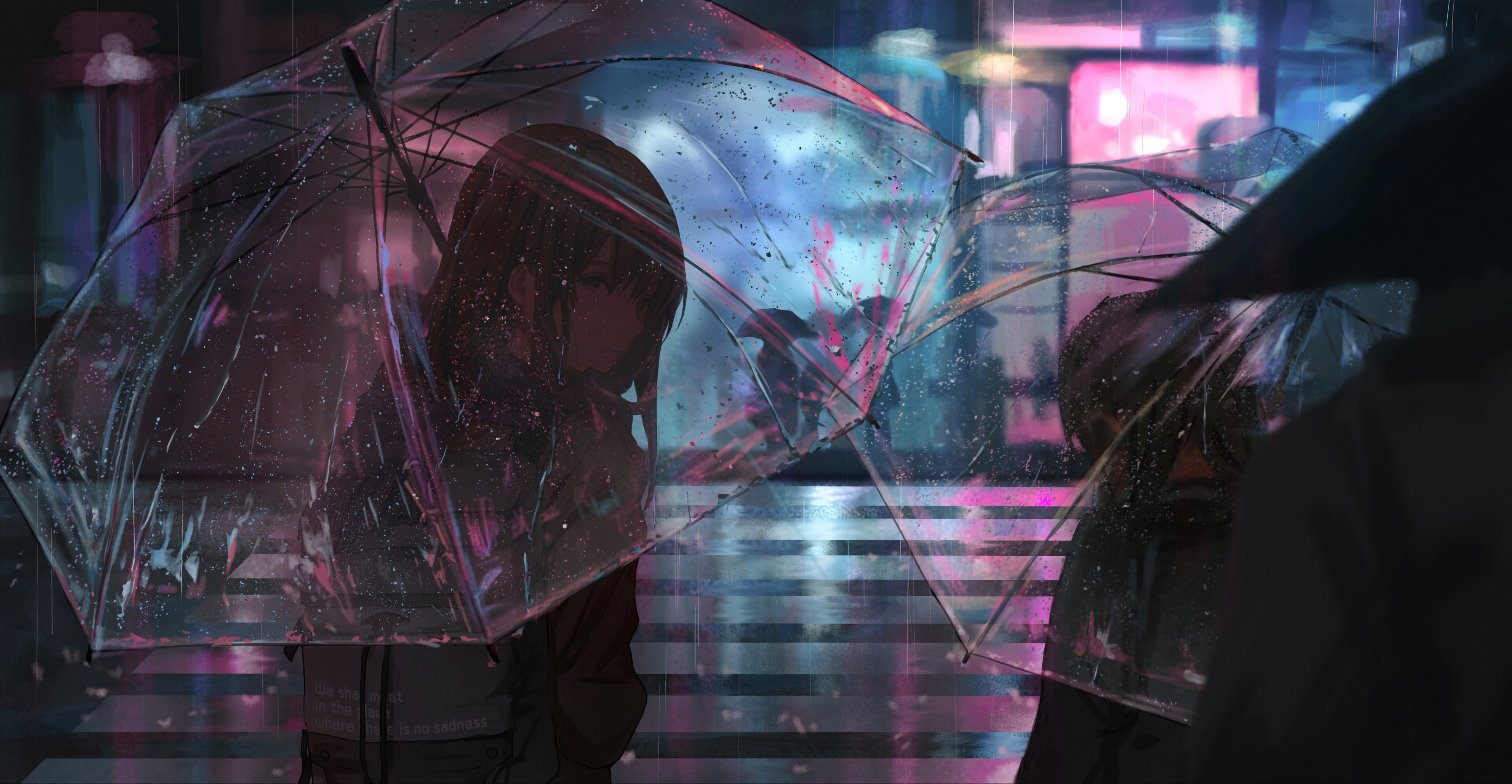 Anime Anime Girls Umbrella Neon Rain Schoolgirl Catzz 7402x3840
