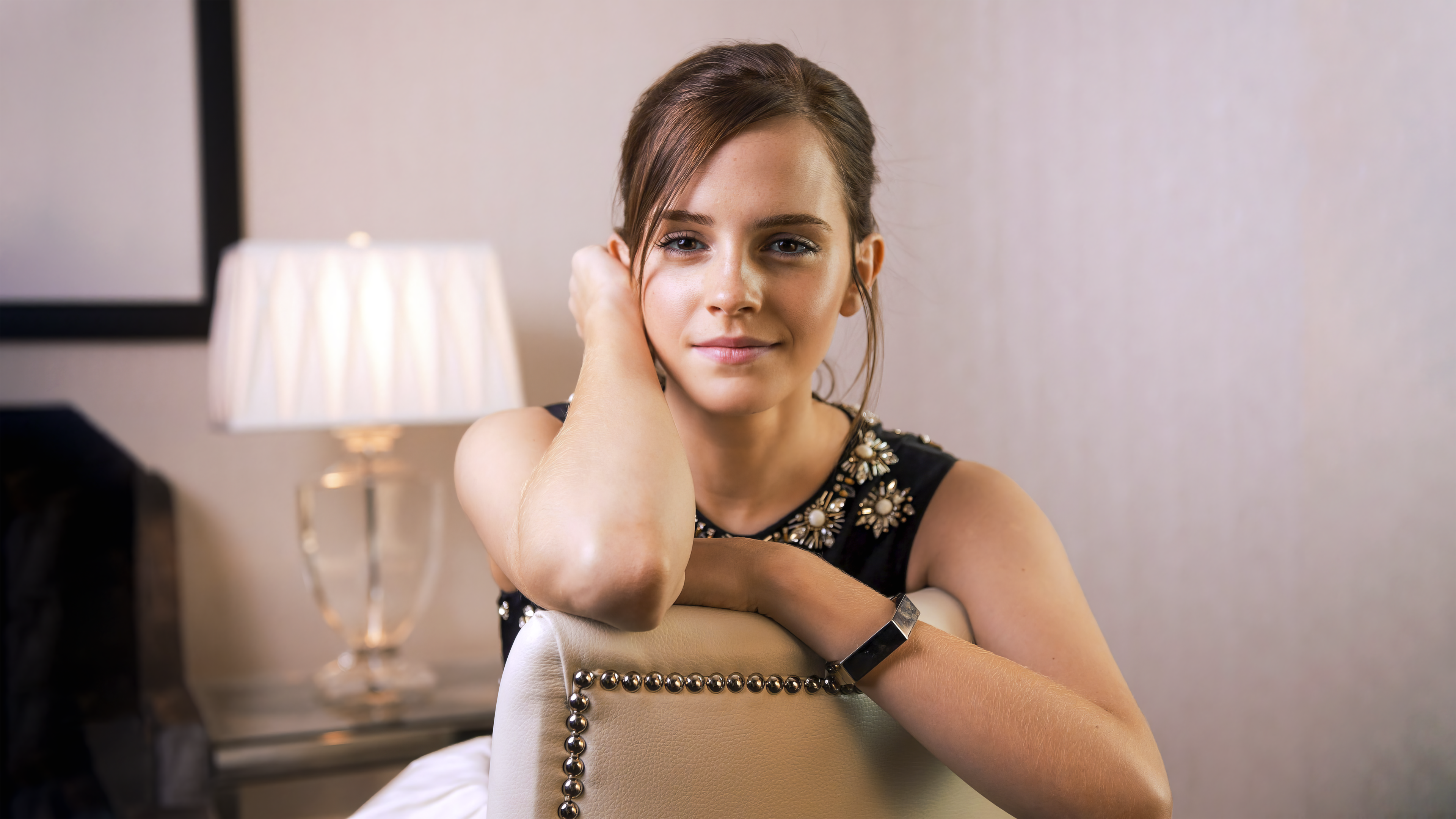 Emma Watson Looking At Viewer Women Brunette Sitting Chair Smiling Women Indoors Actress Portrait 3840x2160
