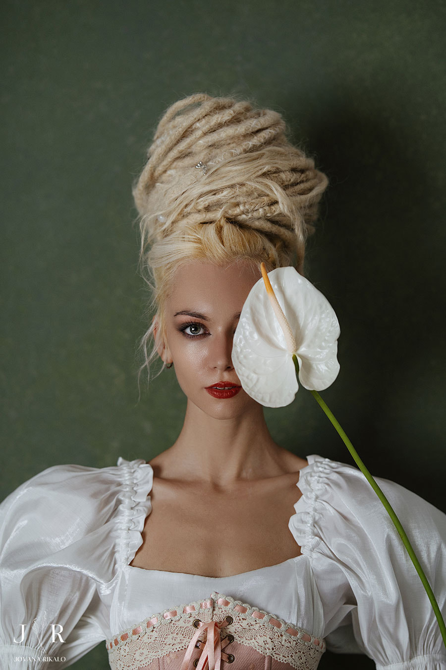Jovana Rikalo Women Blonde Dreadlocks Portrait White Clothing Flowers Wall Portrait Display Simple B 900x1350