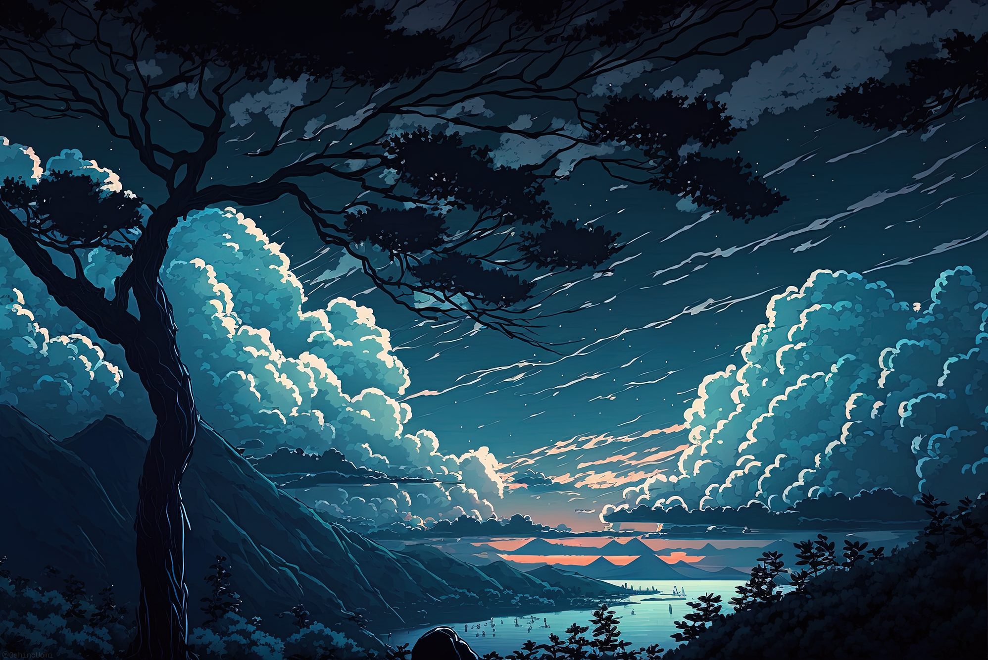 Ai Art Illustration Artwork Landscape Mountains Wood Night Sky Uomi Nature 1996x1333