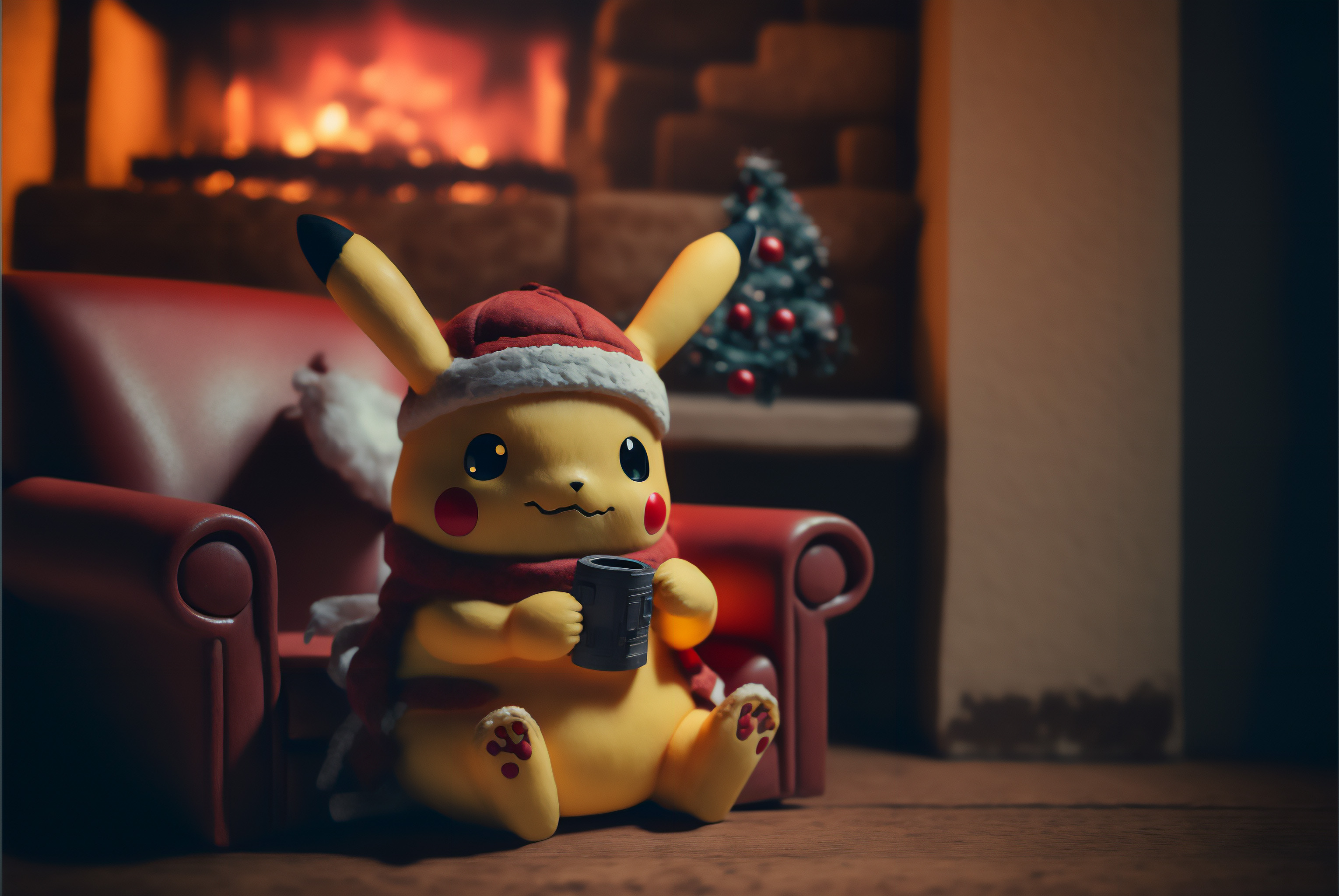 Ai Art Pikachu Pokemon Christmas Interior Scarf Christmas Tree Fireplace 3060x2048