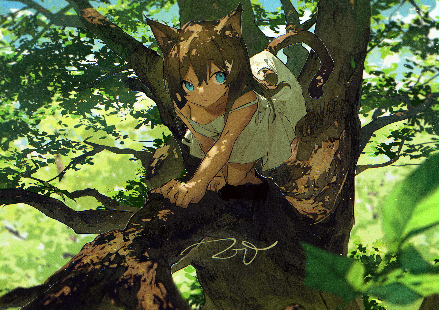Anime Anime Girls Cat Girl Nature Tree Bark Dress Cat Ears Cat Tail Brunette Blue Eyes Trees Looking 1433x1013