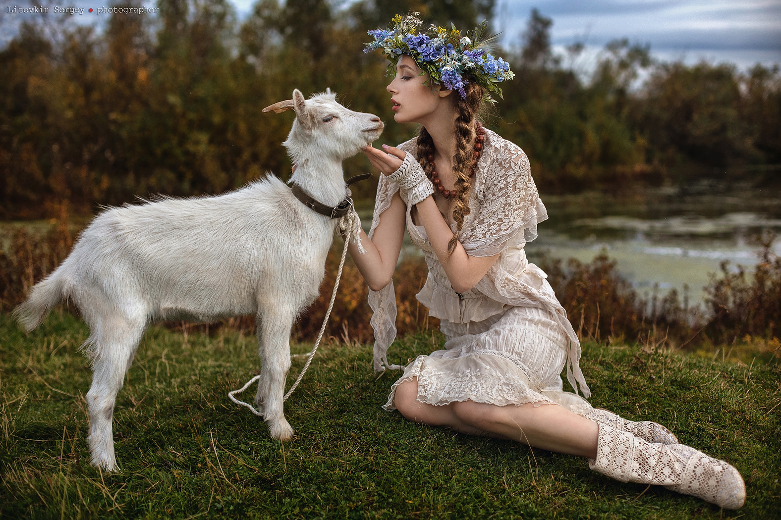 Sergey Litovkin Women Flower Crown White Clothing Goats Animals Grass Nature 1576x1050