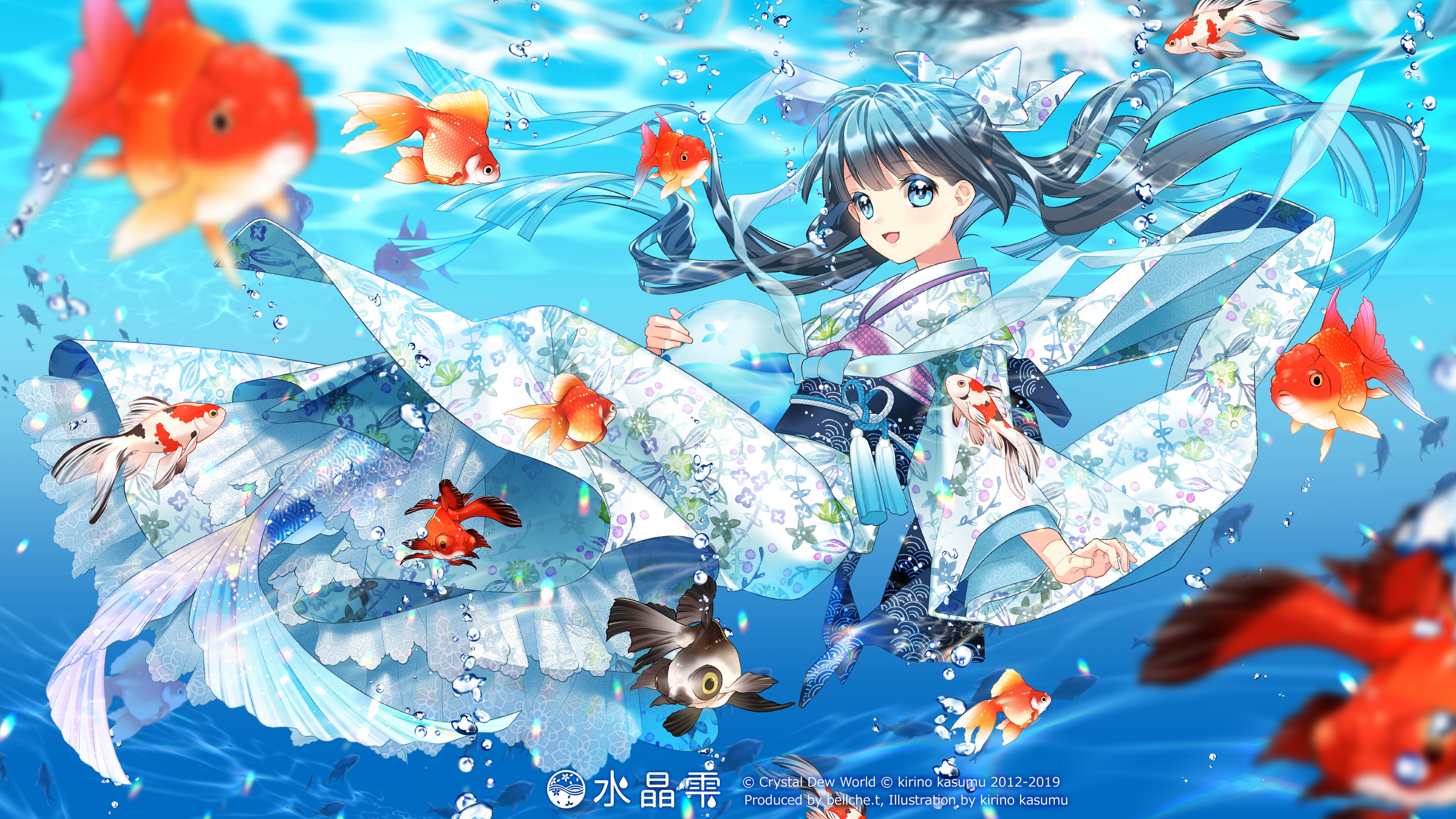 Anime Anime Girls Mermaids Kimono Fish Water Underwater Bubbles Long Hair Happy Looking At Viewer An 3500x1969