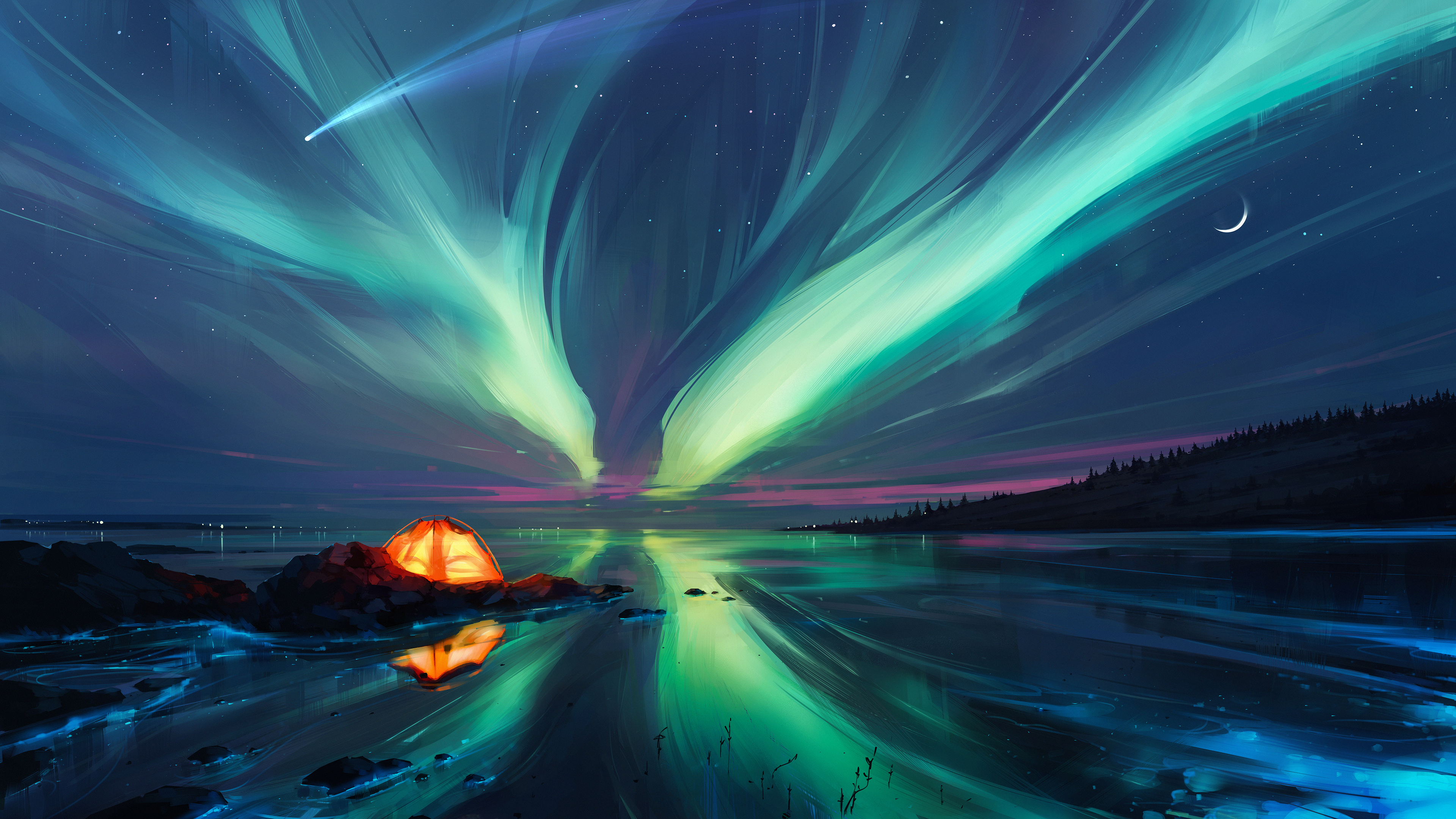 Aenami Painting Digital Art Artwork Illustration Landscape Night Nightscape Stars Lake Aurorae Natur 3840x2160