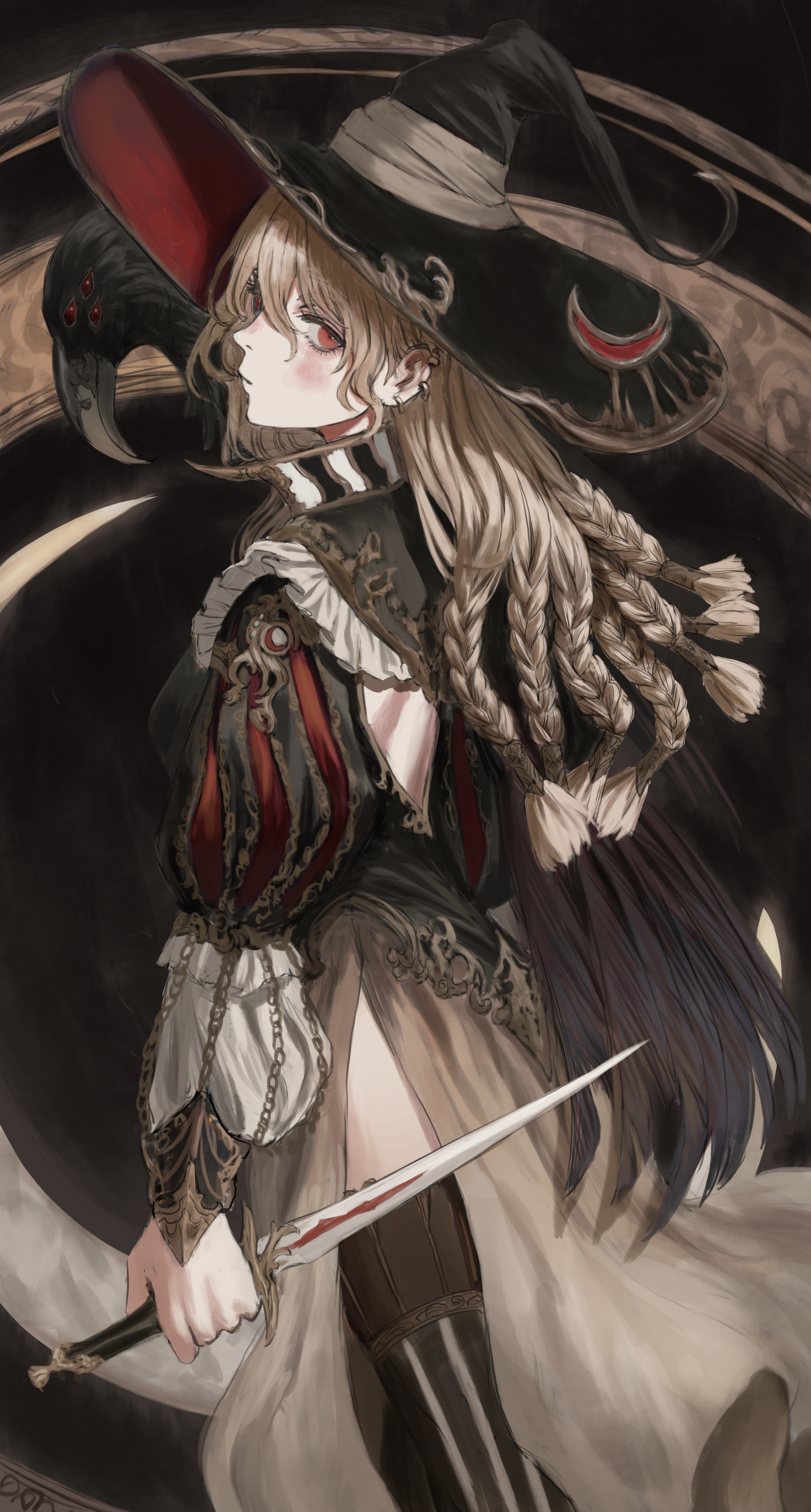Anime Girls Goldcan Witch Vertical Witch Hat Looking At Viewer Braided Hair Crow Birds Weapon Dagger 1772x3303