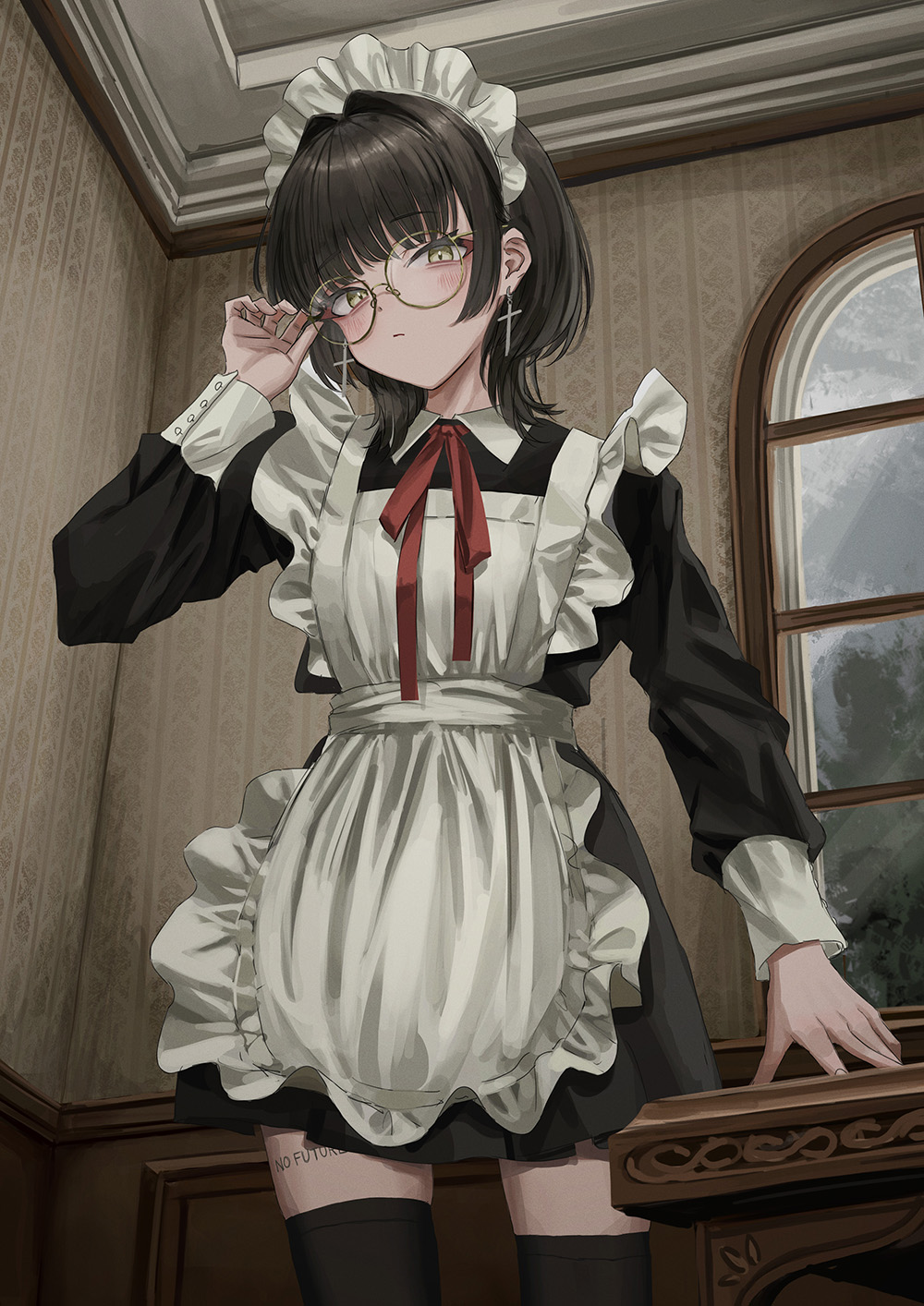 Anime Anime Girls Maid Maid Outfit Glasses Green Eyes 1000x1414