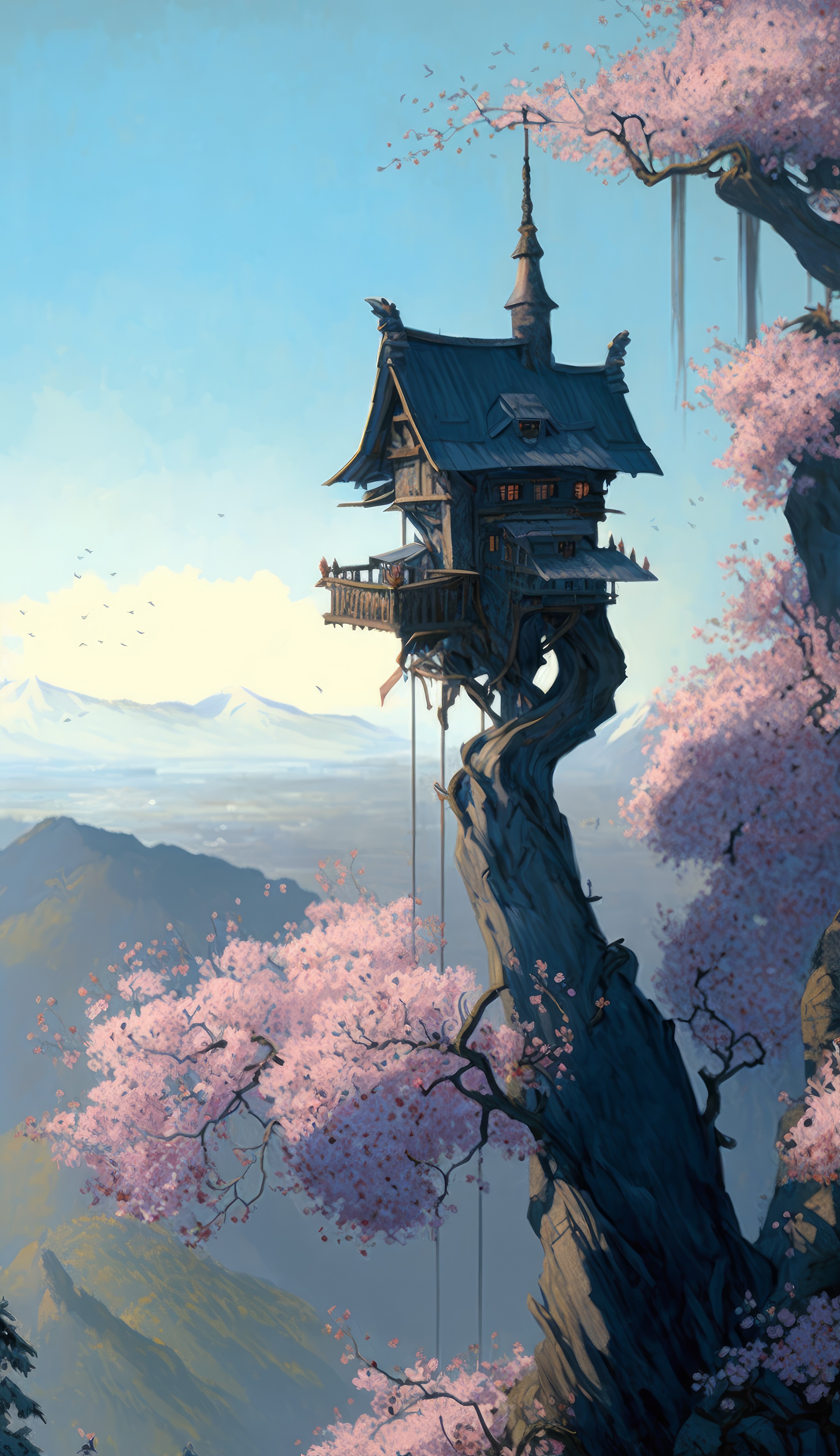 Ai Art Illustration Tree House Cherry Blossom Mountains Vertical 2630x4559