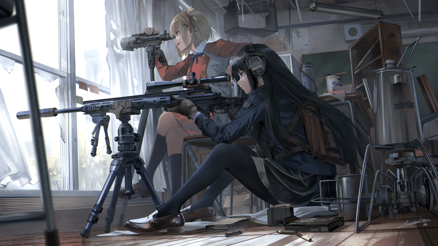 Anime Anime Girls Inoue Takina Nishikigi Chisato Lycoris Recoil Two Women Profile Gun Sniper Rifle G 1800x1012
