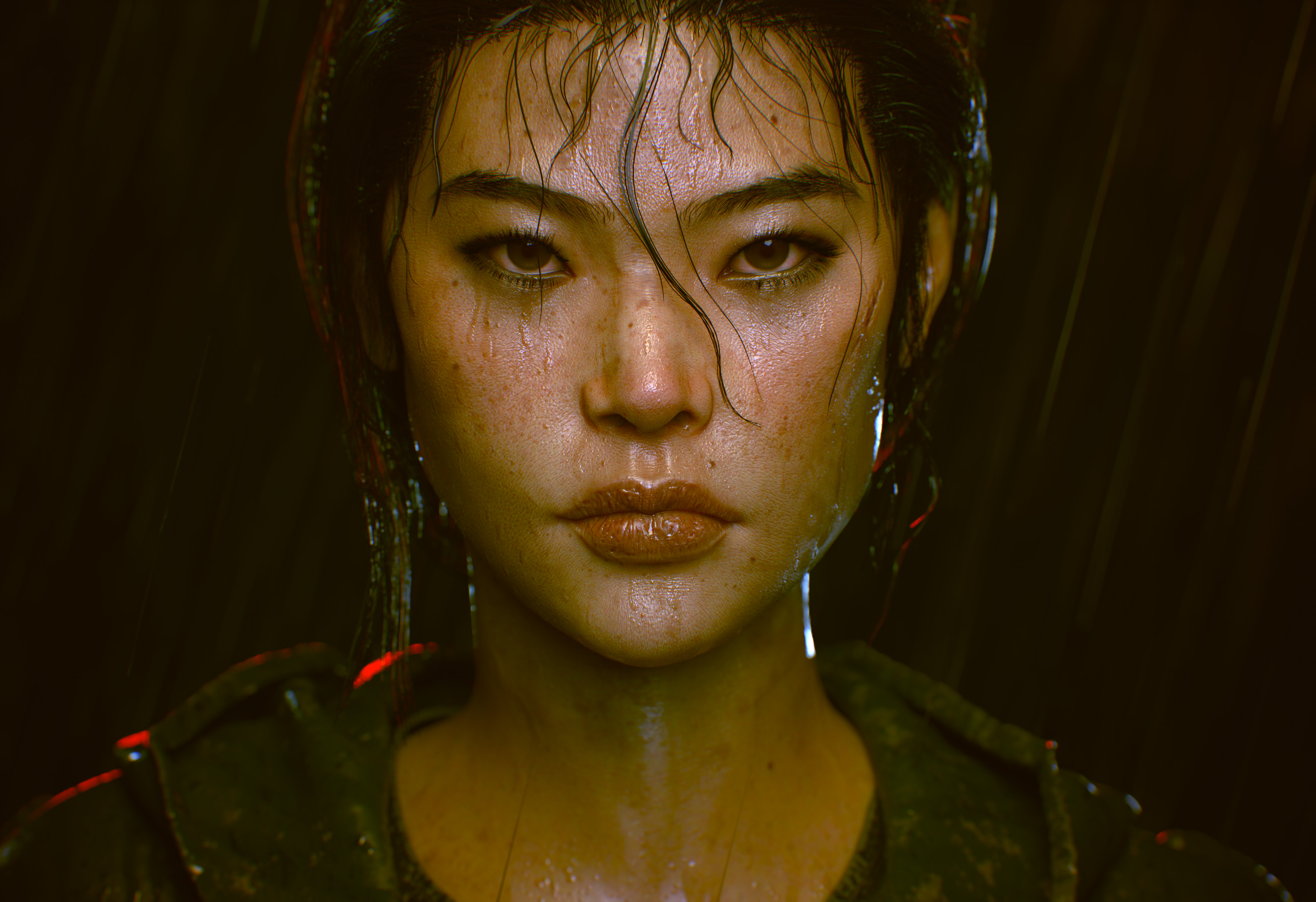 Women Digital Art Face Closeup Render Asian Looking At Viewer Rain Wet Hair Dark Hair Fantasy Girl 3 3500x2400