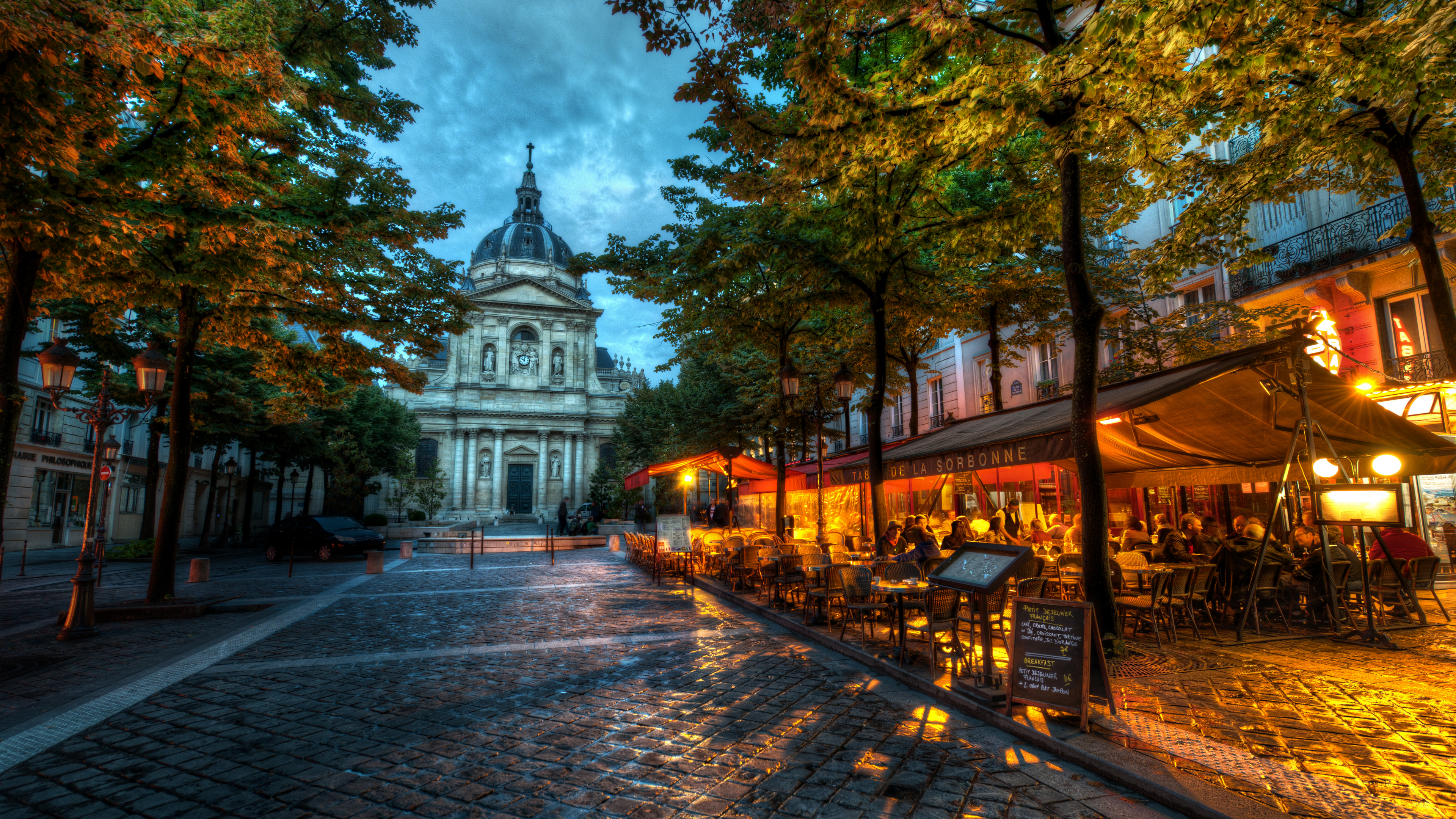 Trey Ratcliff Photography 4K France La Sorbonne Street Lights Building People Restaurant 3840x2160