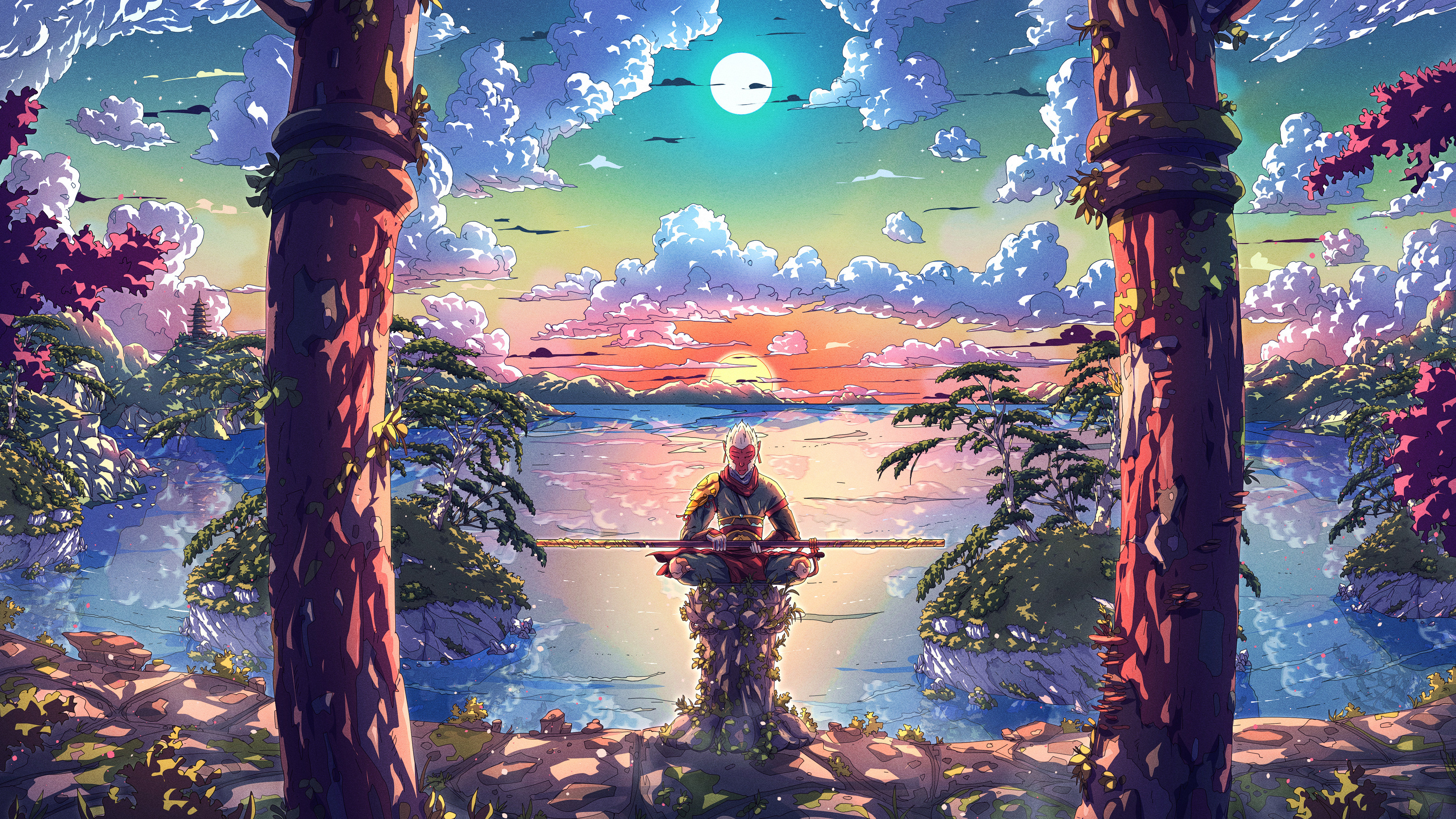 Christian Benavides Digital Art Fantasy Art Clouds River Reflection Moonlight Sunlight Sun Wukong La 3840x2160