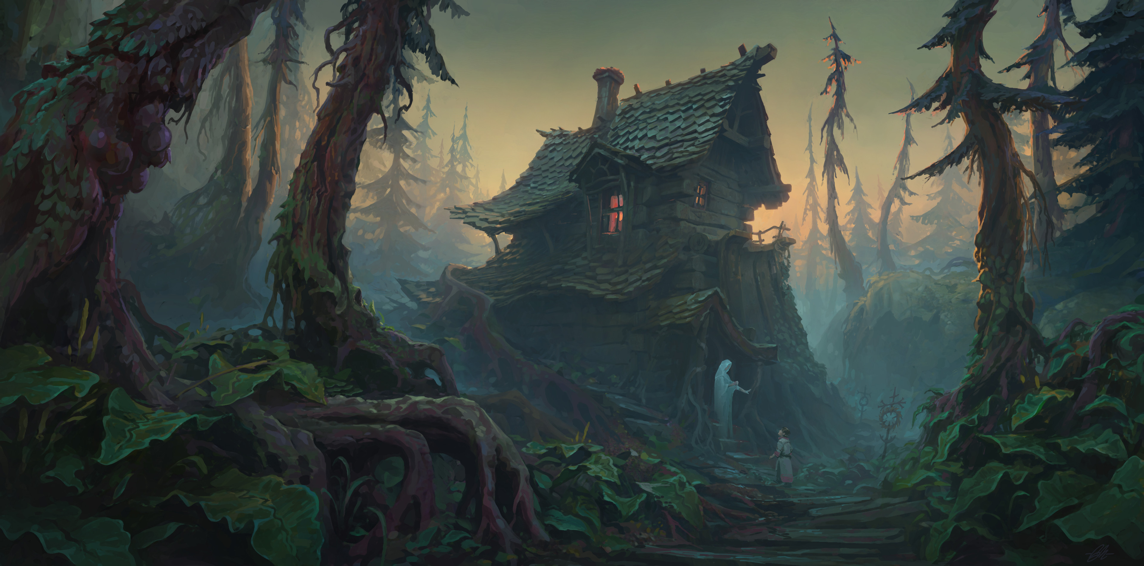 Gabriel Nagypal Drawing House Trees Forest Plants Baba Yaga Haunted Mansion Leaves 3840x1902