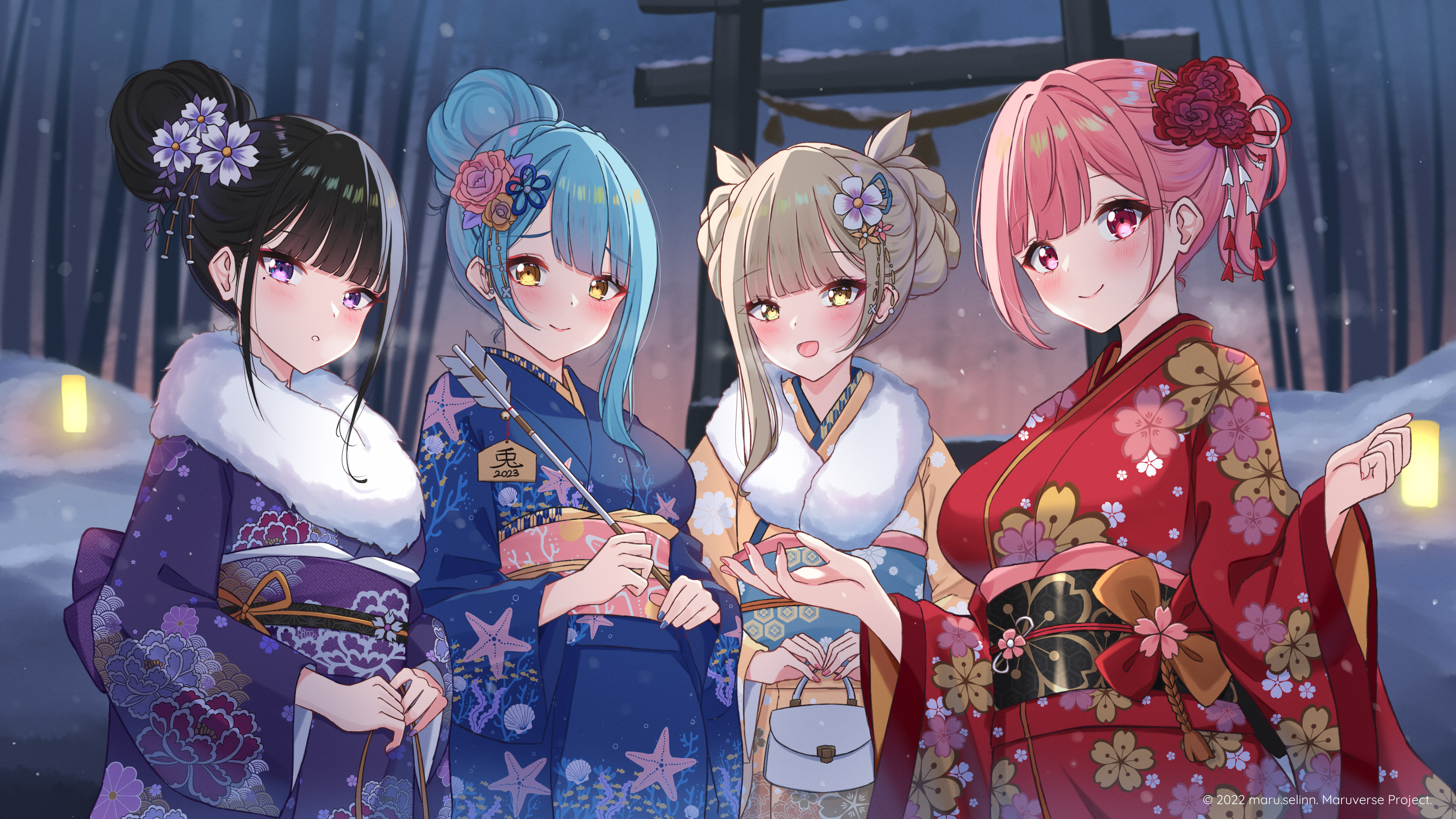 Anime Anime Girls Japanese Kimono Flower In Hair Blushing Moles Mole Under Eye 3840x2160