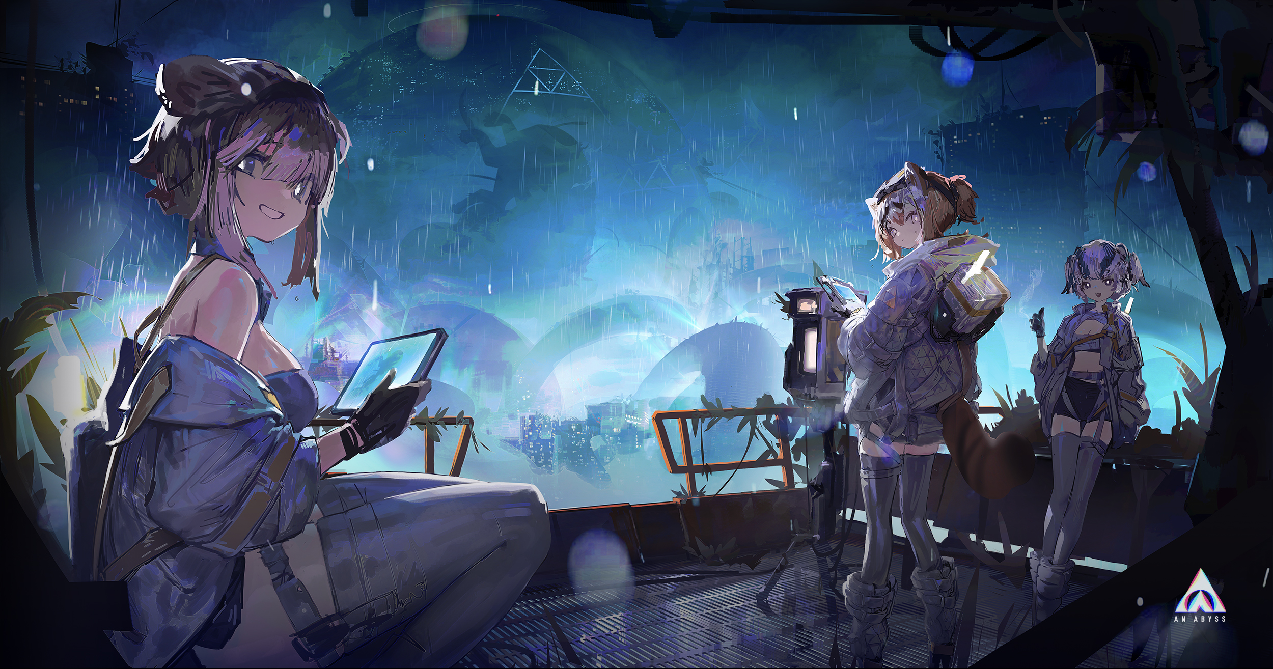 Anime Girls Rain Futuristic Smiling Looking At Viewer Gloves 2500x1314