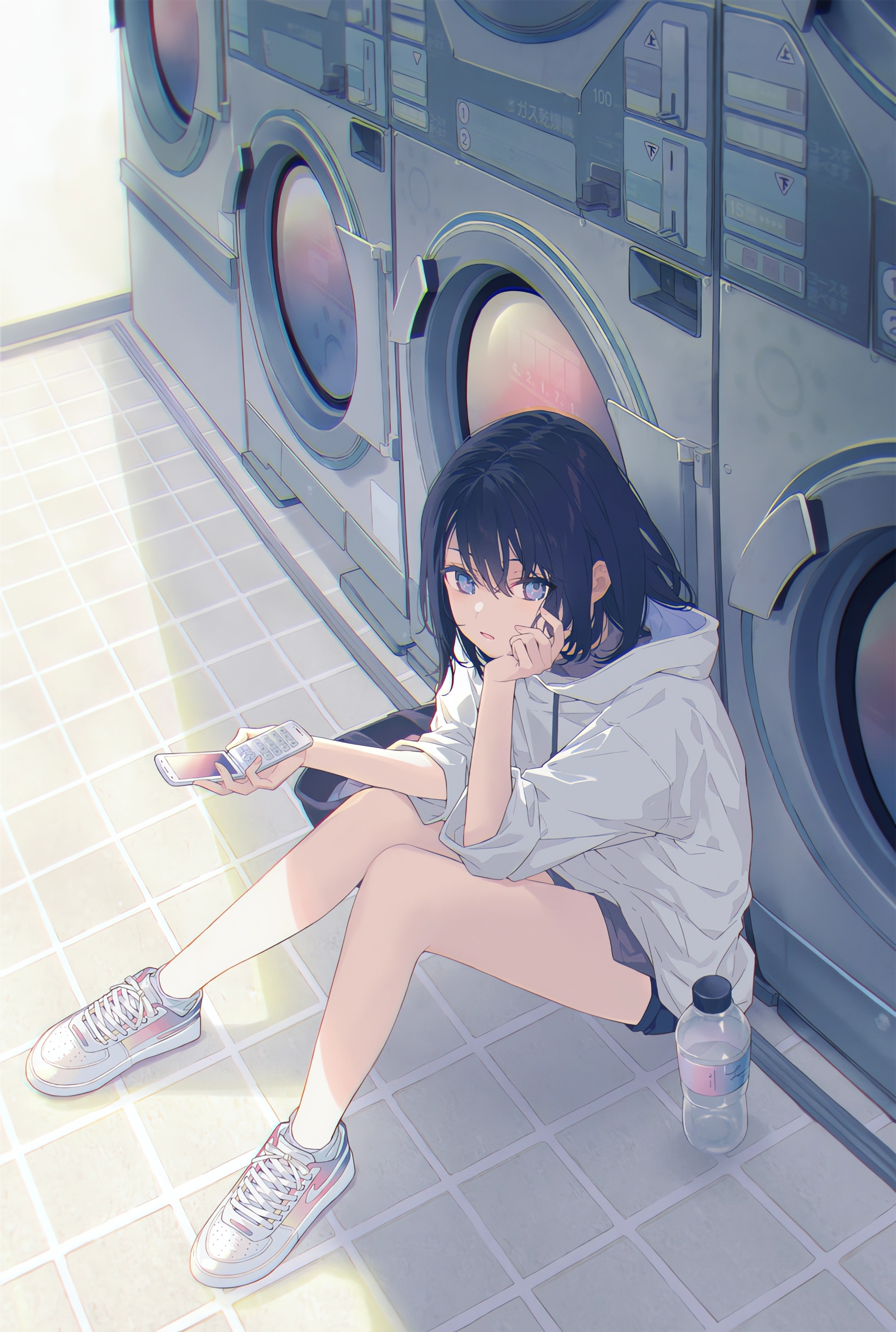 Anime Anime Girls Portrait Display Phone Washing Machine Short Hair Hand On Face Looking At Viewer W 1614x2400