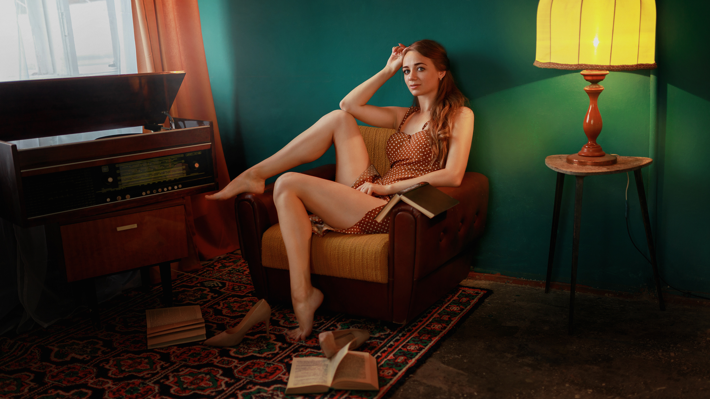 Aleksey Yuriev Women Dress Dots Barefoot Messy Stereos Looking At Viewer Books Model Legs Tiptoe Wom 2293x1290