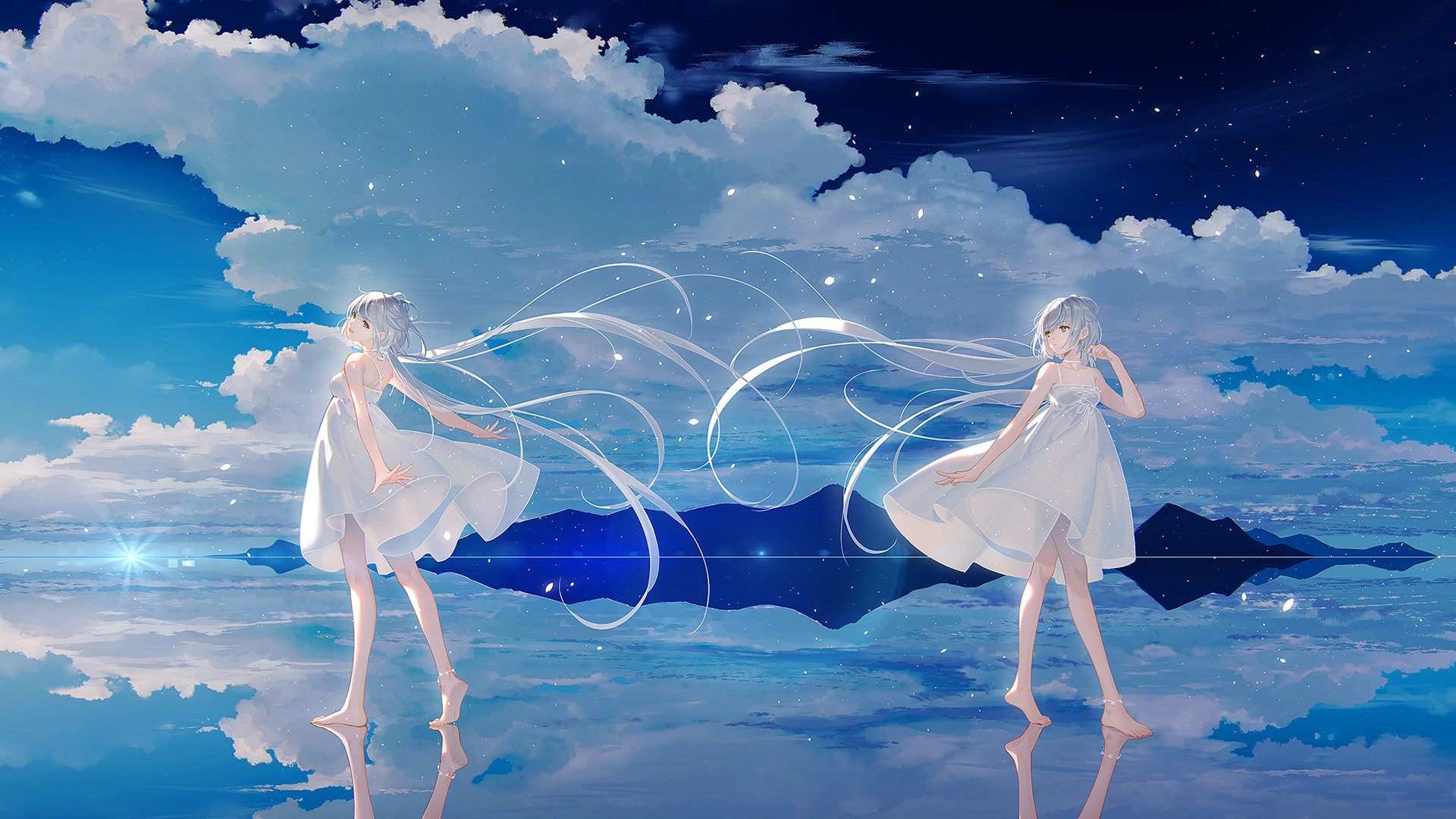 Anime Sky Two Women Clouds Long Hair Silver Hair Dress White Dress Reflection Sunlight Cumulus Baref 1920x1080
