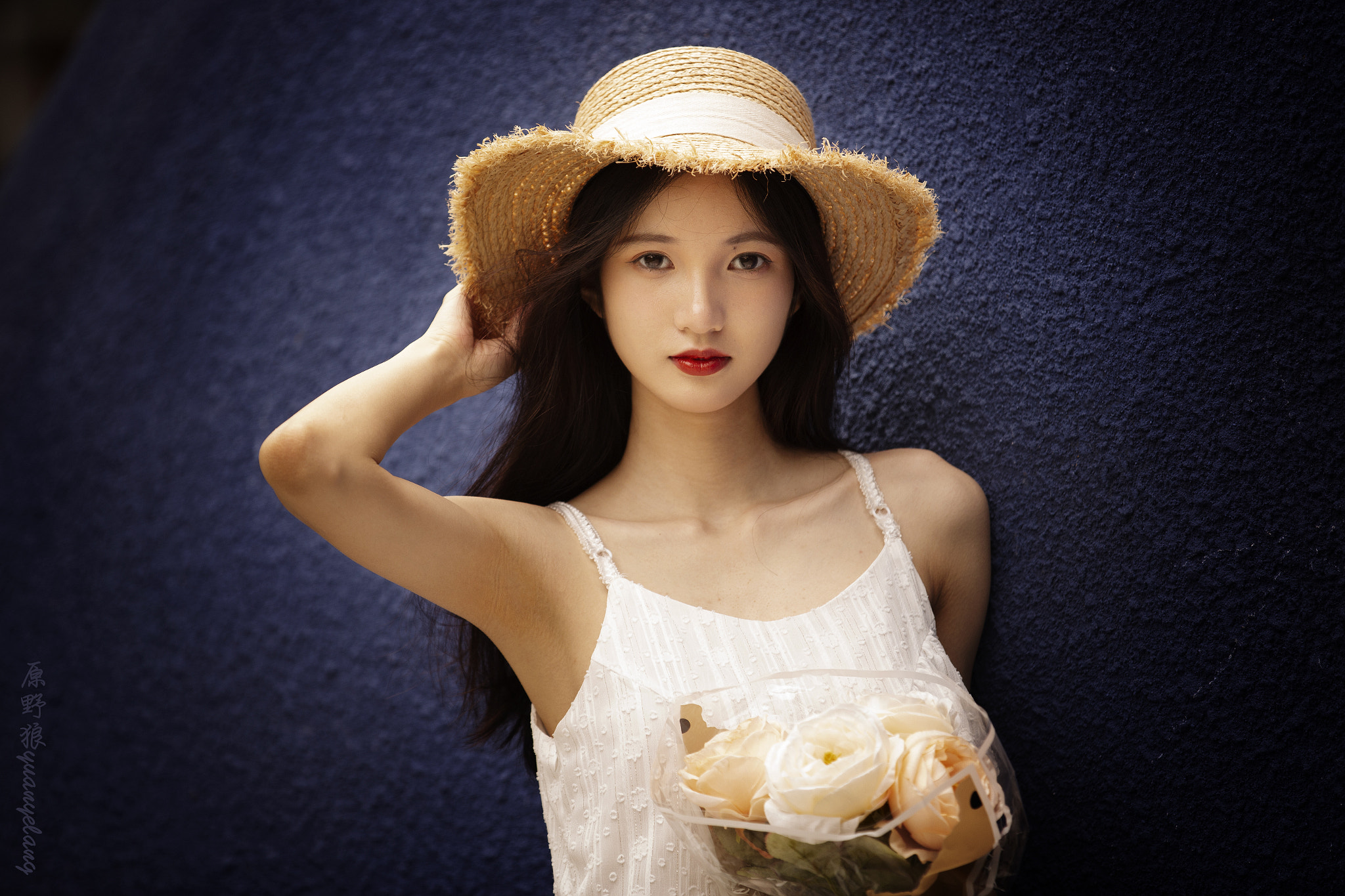 Yuan Yelang Women Asian Hat Brunette White Clothing Flowers Simple Background 2048x1365