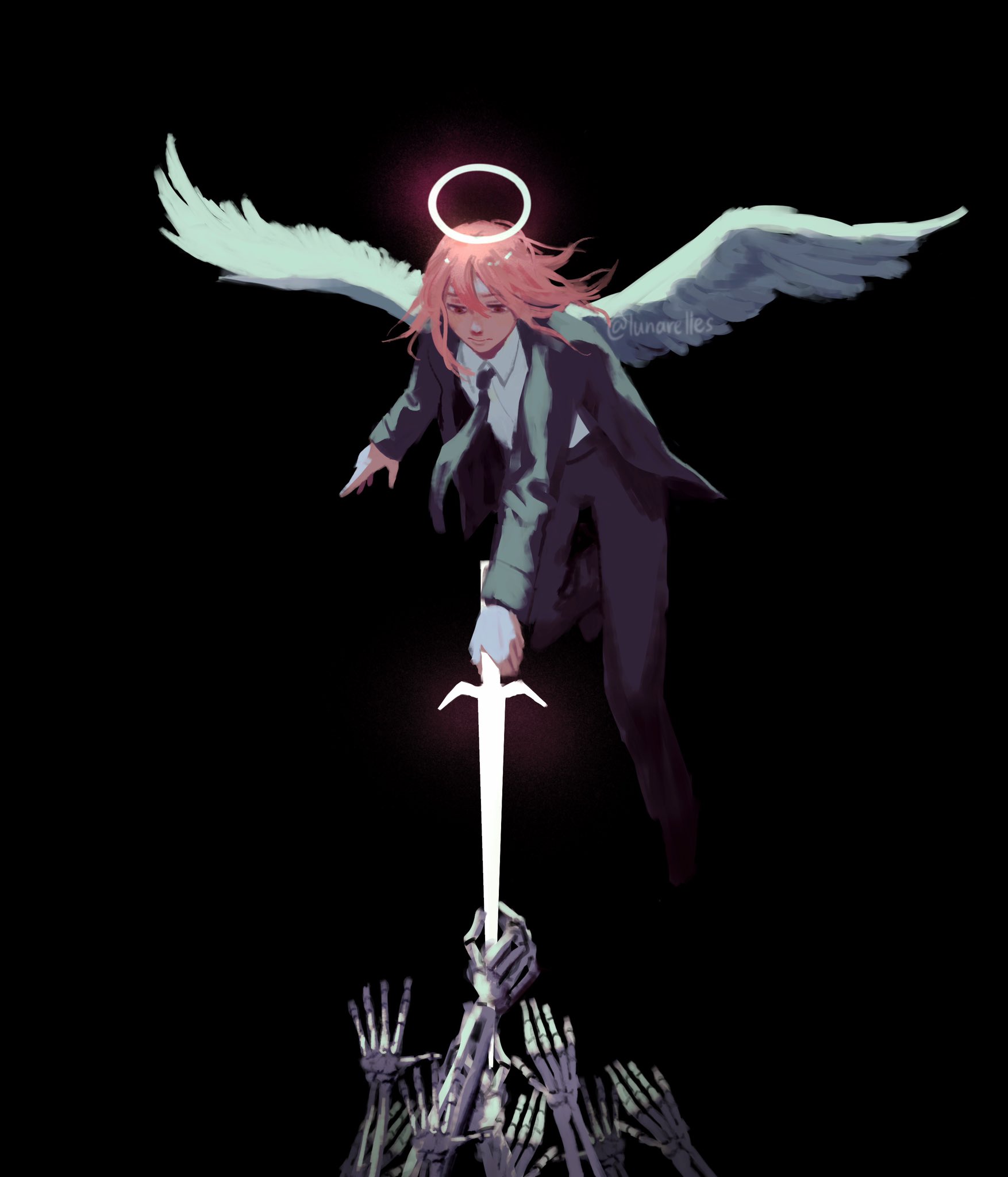 Chainsaw Man Angel Devil Wings Nimbus Skeleton Sword Vertical Minimalism Anime Girls Simple Backgrou 1754x2048