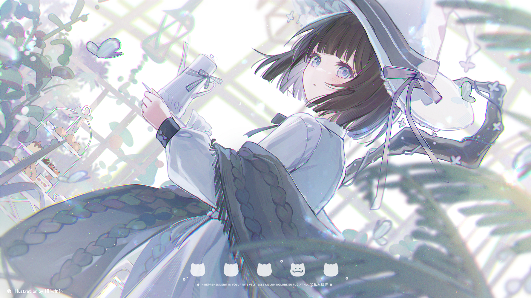 Anime Anime Girls Dress Leaves Butterfly Cup Cake Sweets Looking At Viewer Short Hair Hat Bow Tie Si 1778x1000