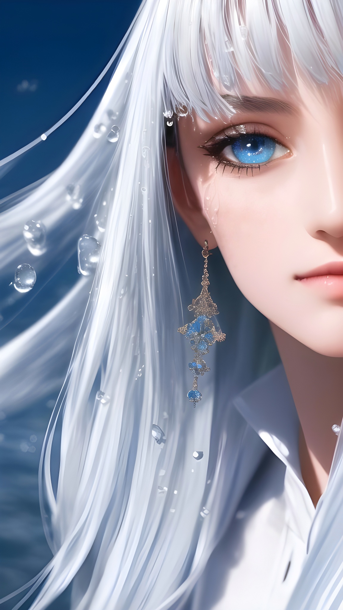 Digital Art Silver Hair Blue Eyes Vertical Anime Girls Water Drops Looking At Viewer 1152x2048