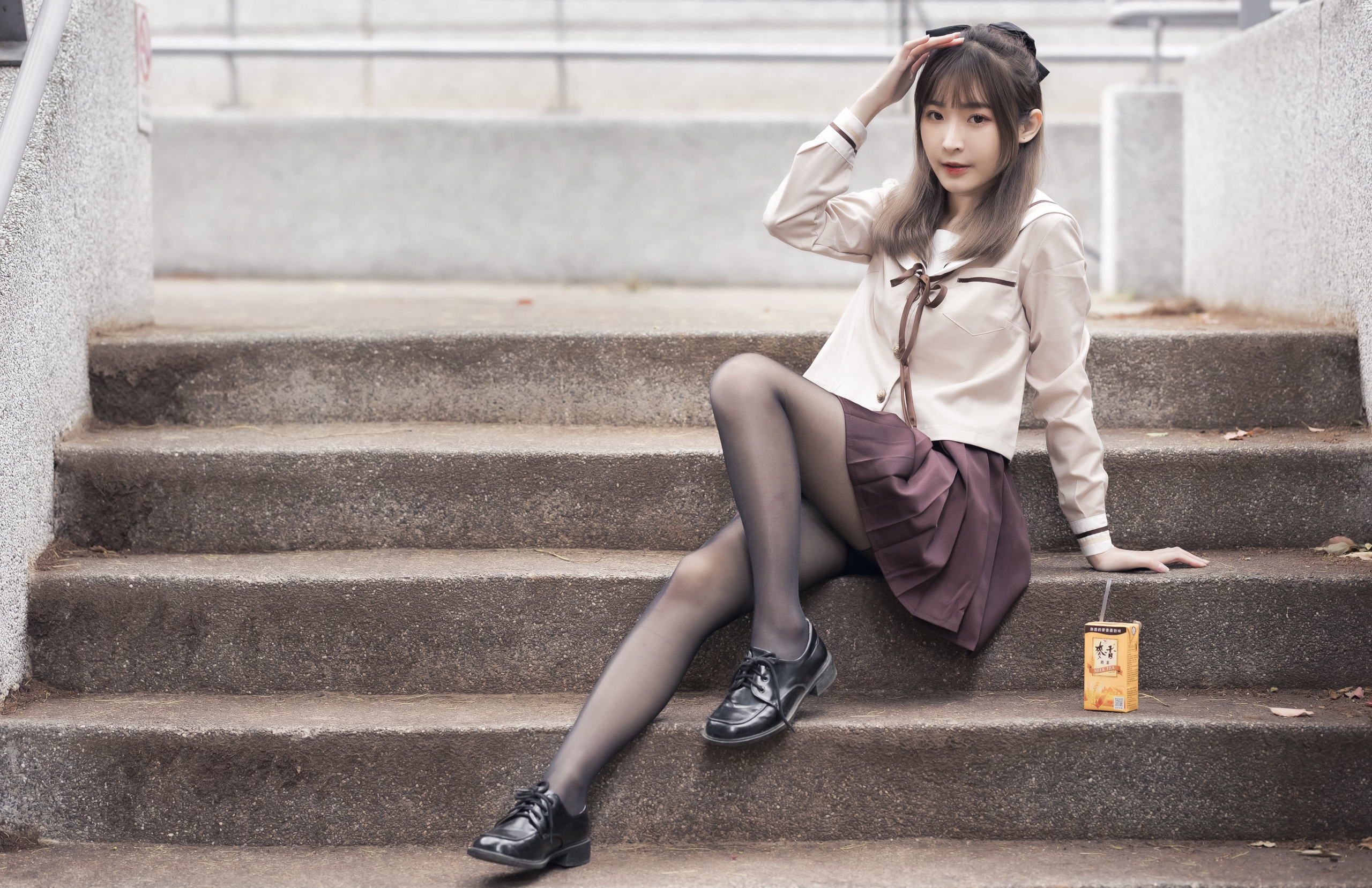 Asian Model Women Long Hair Dark Hair Depth Of Field School Uniform Sitting Stairs JuiceBox Ponytail 2560x1658