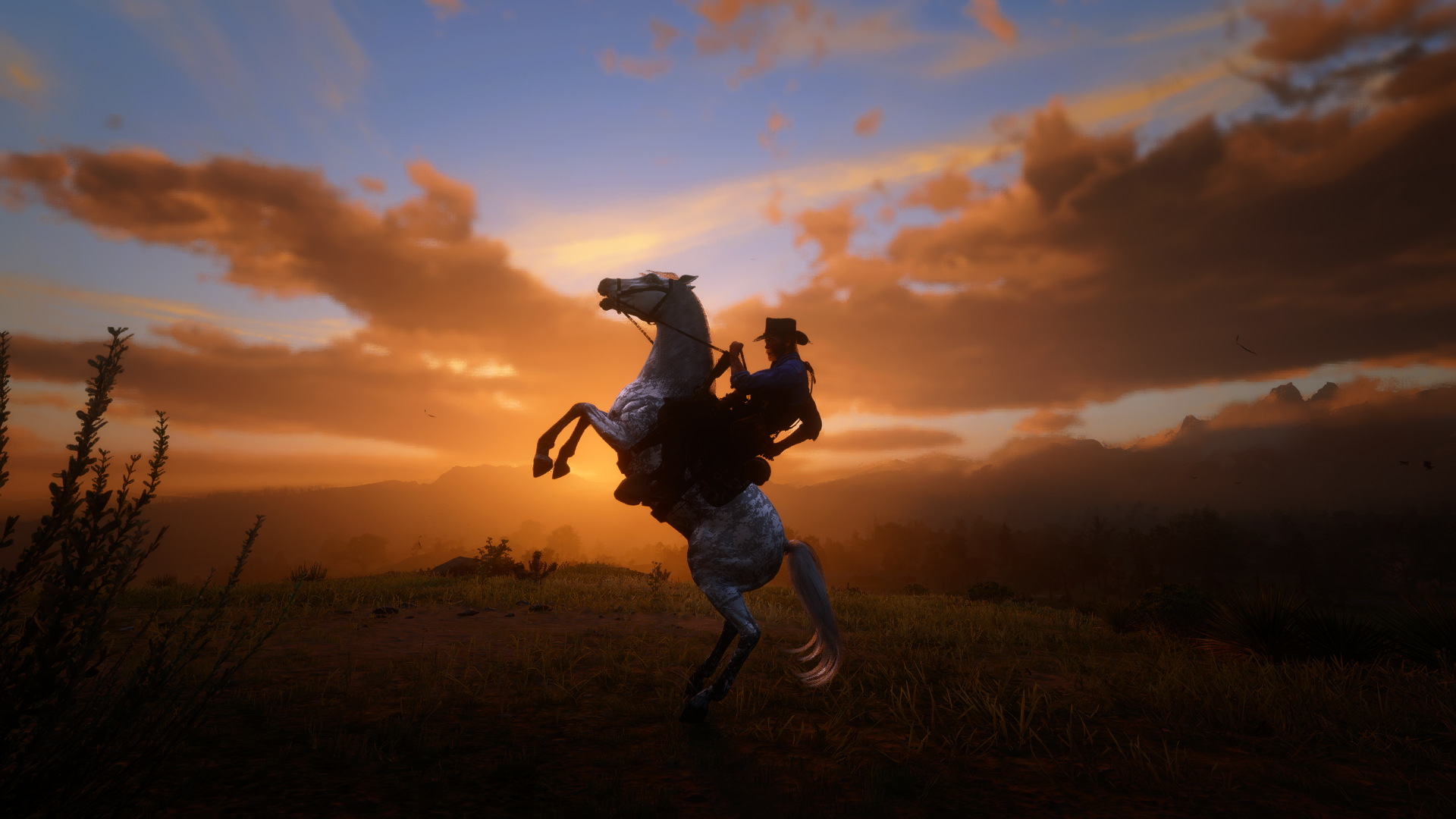Red Dead Redemption 2 Arthur Morgan Video Games Sky Clouds CGi Horse Hat Sunset Glow Sunset Grass 1920x1080