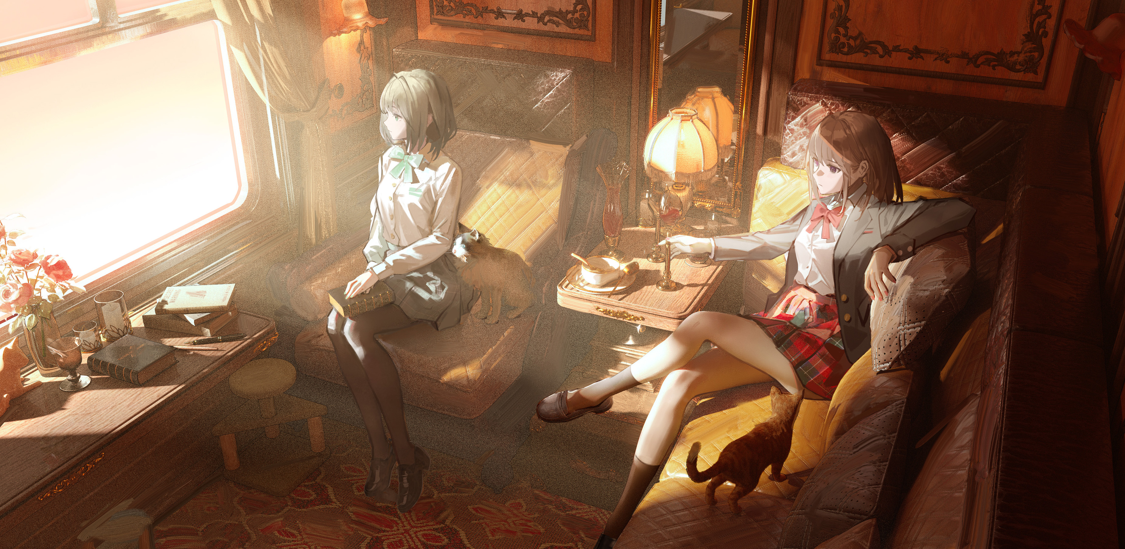 Train Cats Sunrise High Angle Legs Crossed Looking Away Two Women Couch Anime Girls Sunlight 3700x1806