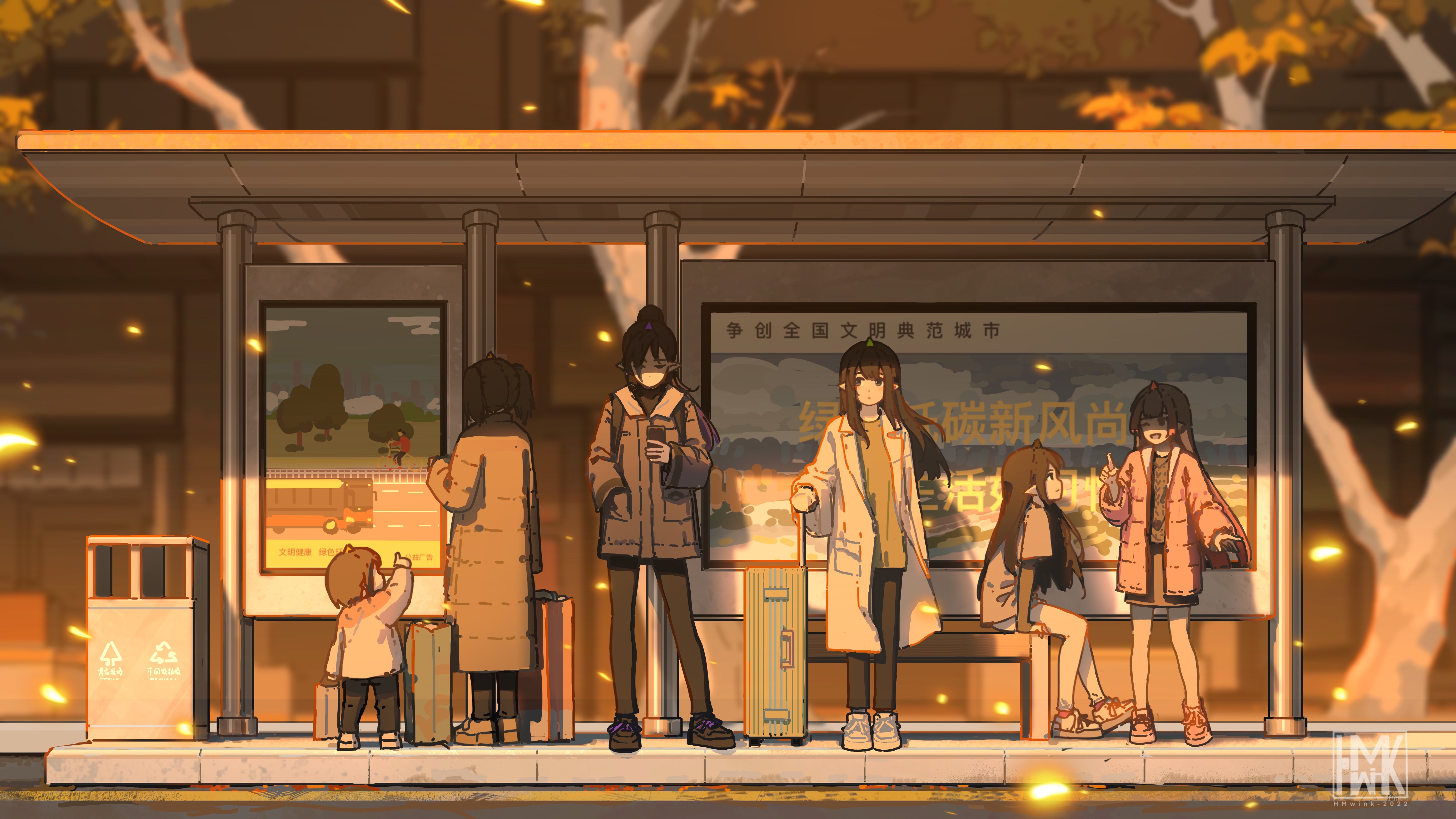 Anime Girls Artwork Original Characters Coats Bus Stop Sunlight Leaves Pointy Ears Digital Art Brief 4661x2622