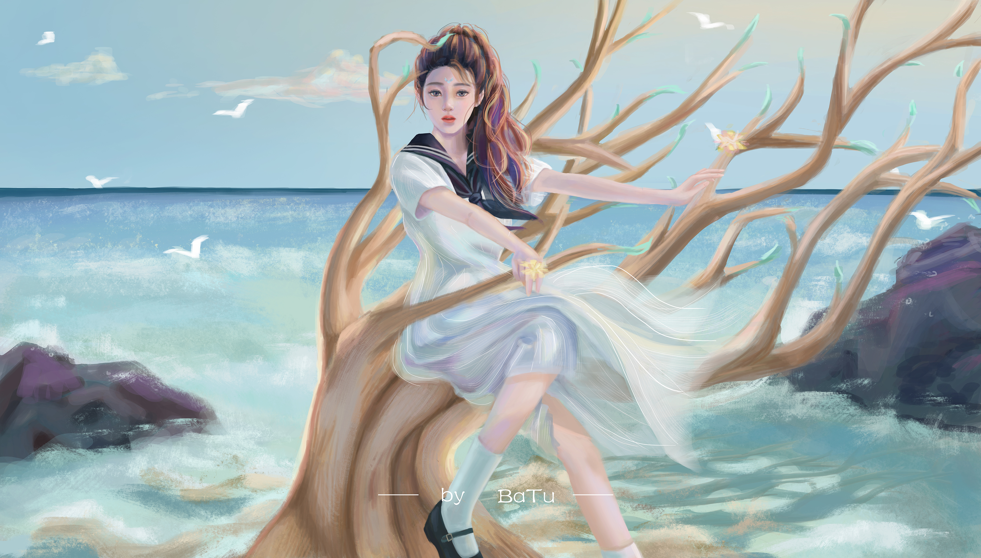 Sea Gulls Tree Trunk Women White Skirt Sky Asian Sailor Uniform 3840x2185
