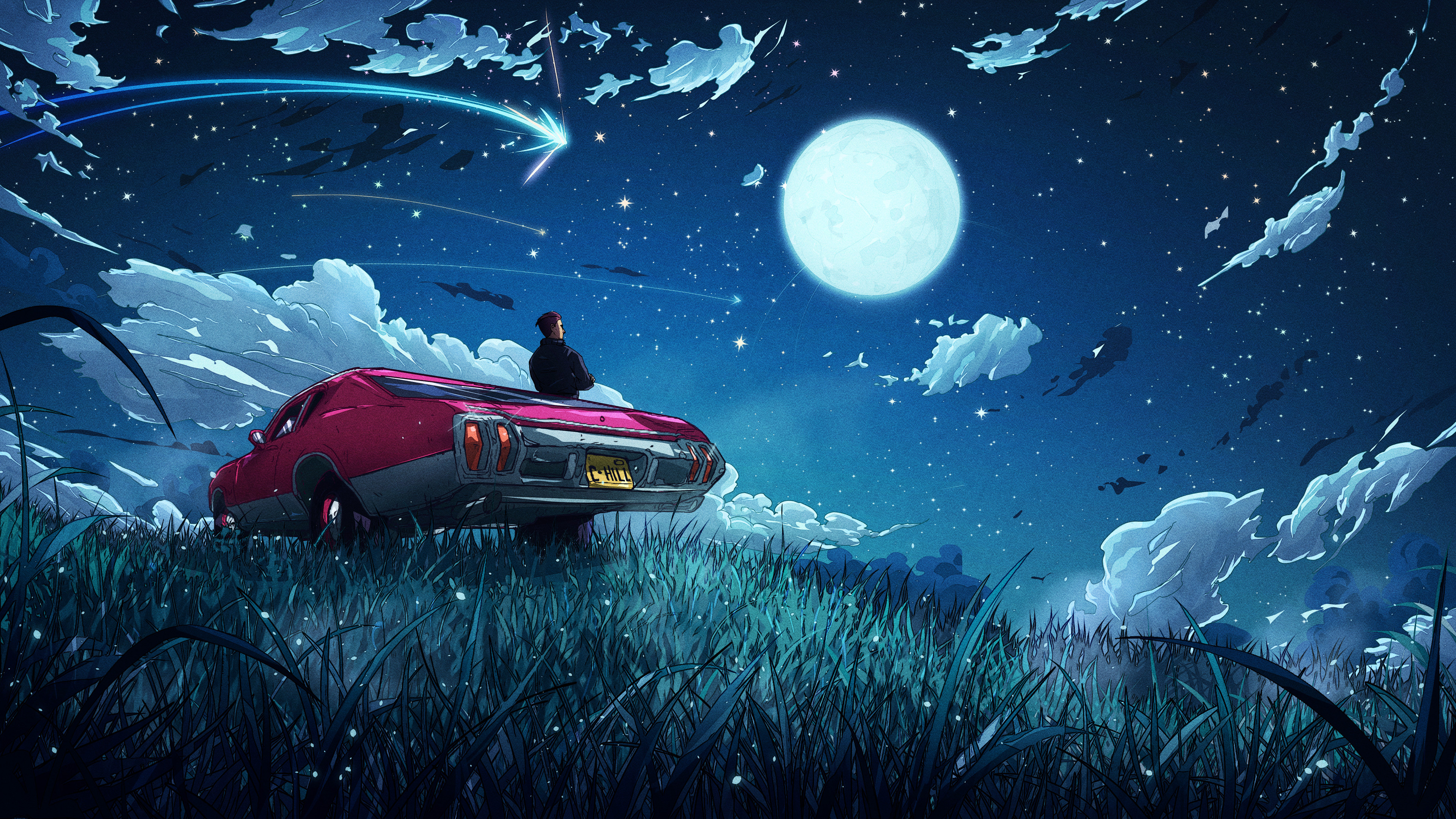 Christian Benavides Digital Art Fantasy Art Car Moonlight Artwork Moon Grass Sky Stars Night Night S 3840x2160