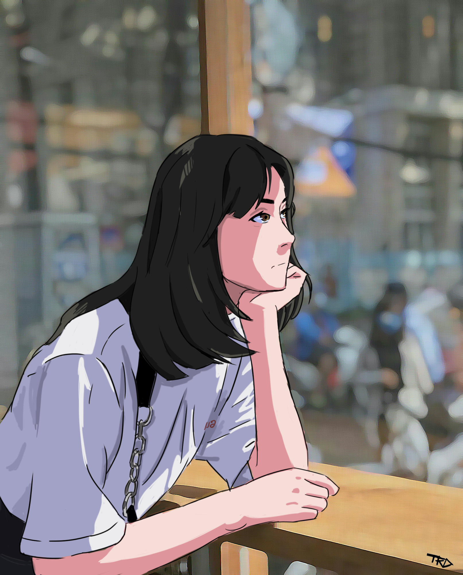 Women Japan Portrait Portrait Display Long Hair Asia Cafe Anime Girls Looking Away Hand On Face Blur 1613x2000