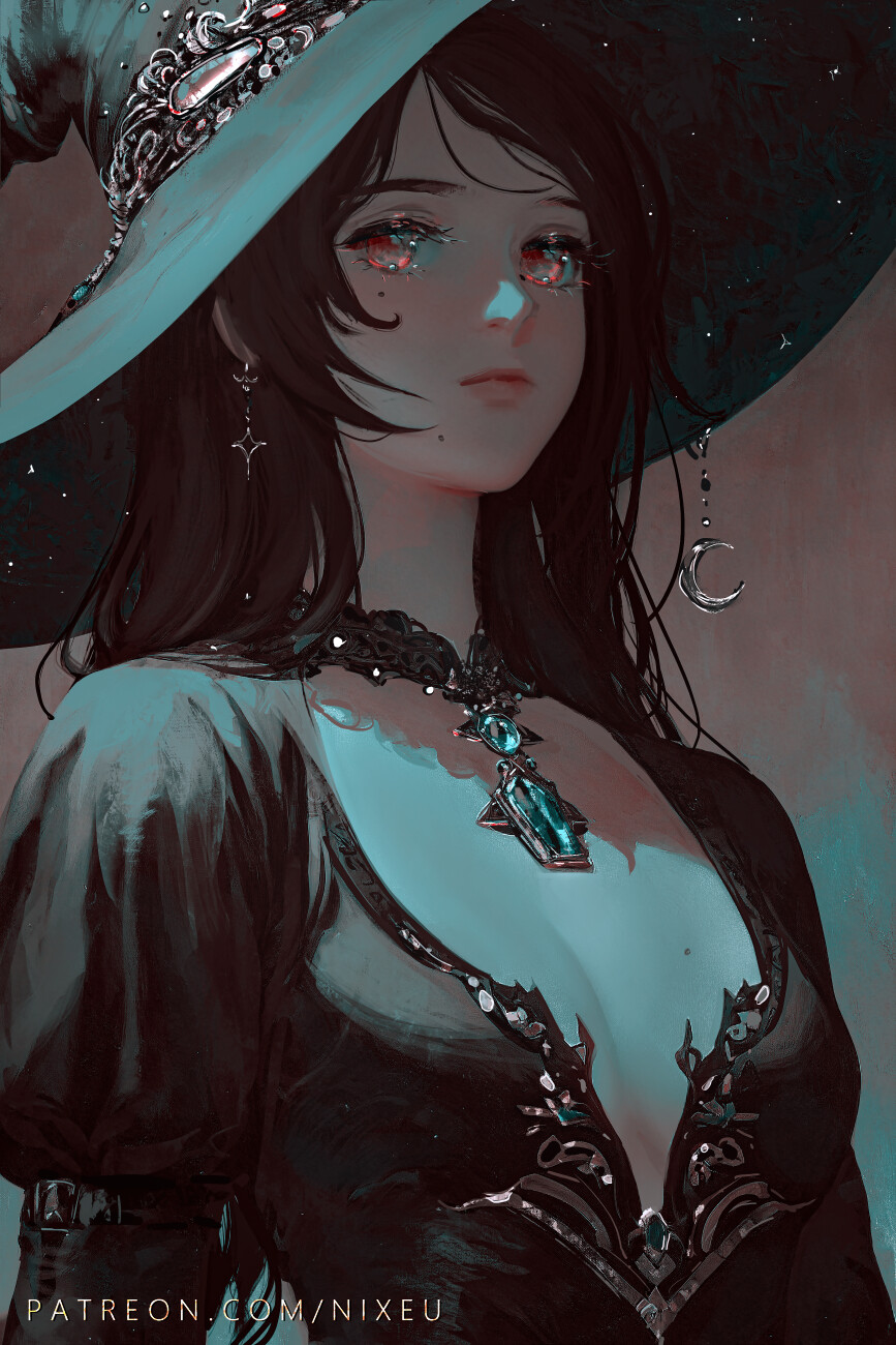 Nixeu Digital Art Artwork Illustration Portrait Women Witch Looking At Viewer Dark Hair Witch Hat Ne 867x1300