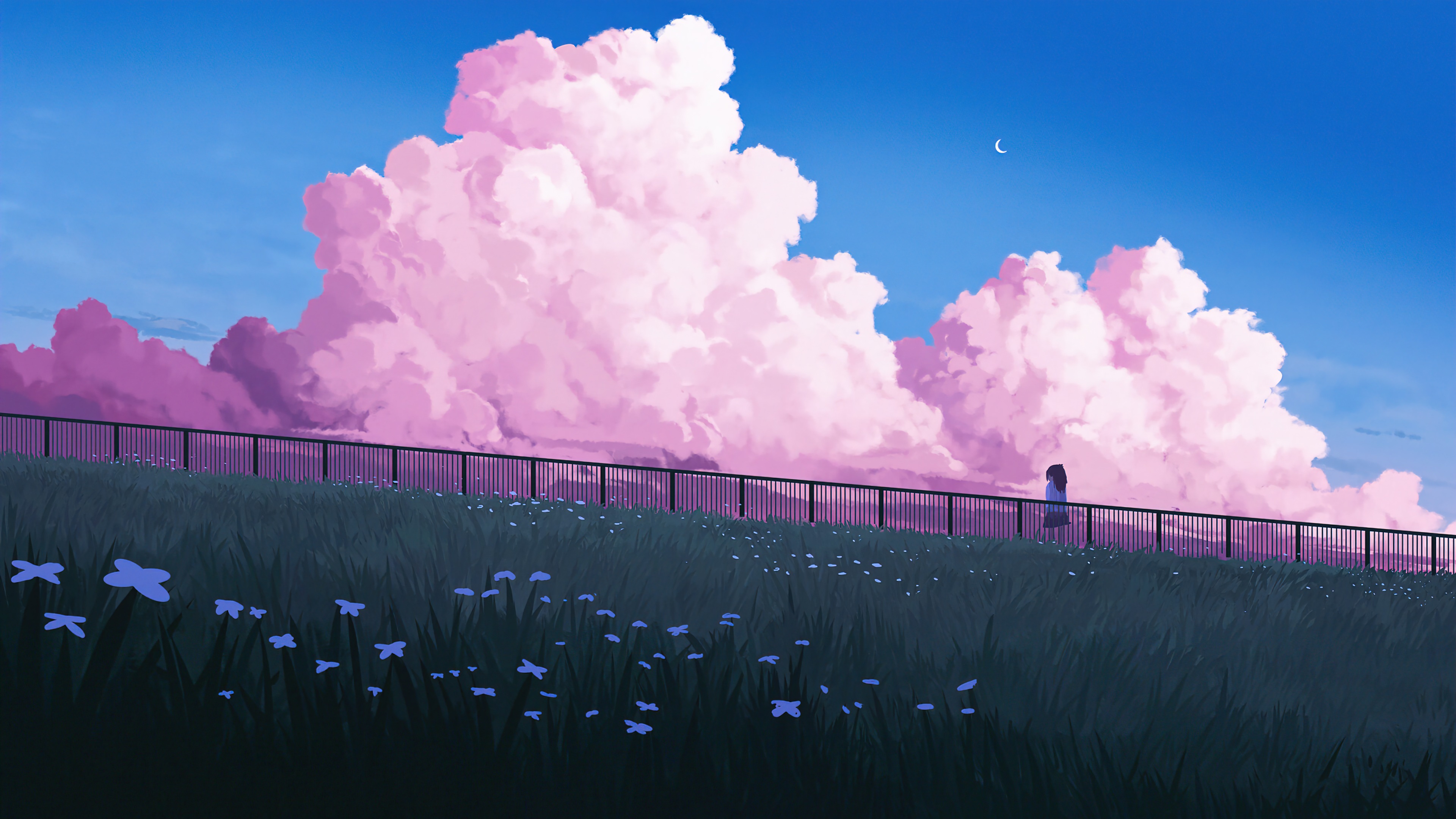 Field Clouds Clear Sky Anime Girls Pink Atmosphere Moon Crescent Moon Sky Railing Flowers 3840x2160