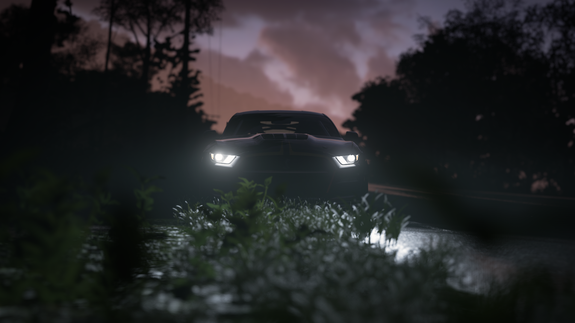 Forza Horizon 5 Trees Headlights Dark Sky Game Sunset Glow CGi Vehicle Ford Ford Mustang Muscle Cars 1920x1080